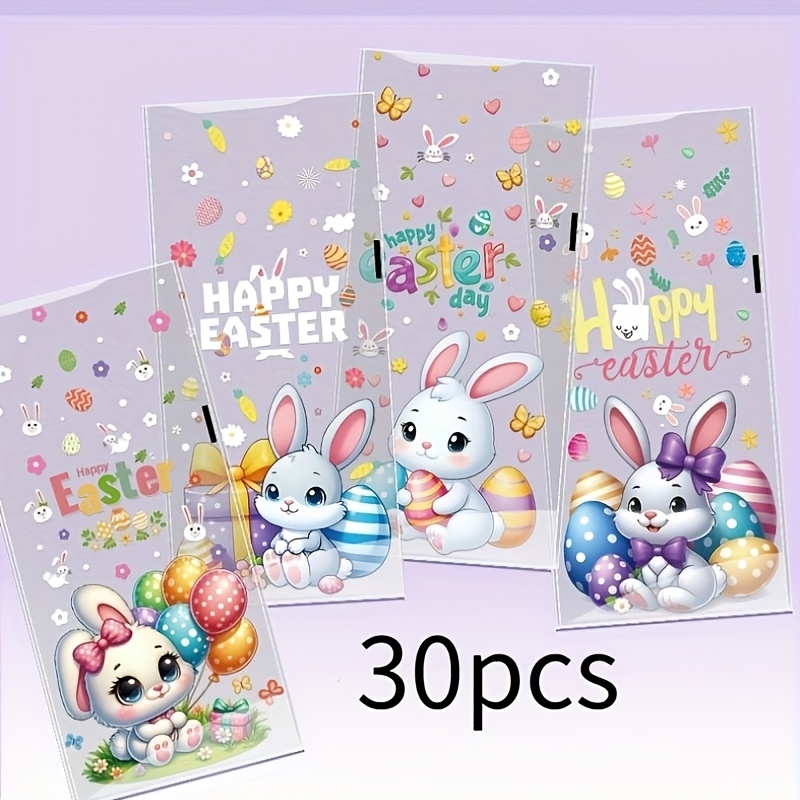 30pcs Easter Bunny And Egg Pattern Plastic Gift Bags, With , Colorful Balloon Printed Opp Bags, For Easter Theme Party Gifts And Decorations, |random|4 Styles Mixed Style Pack|