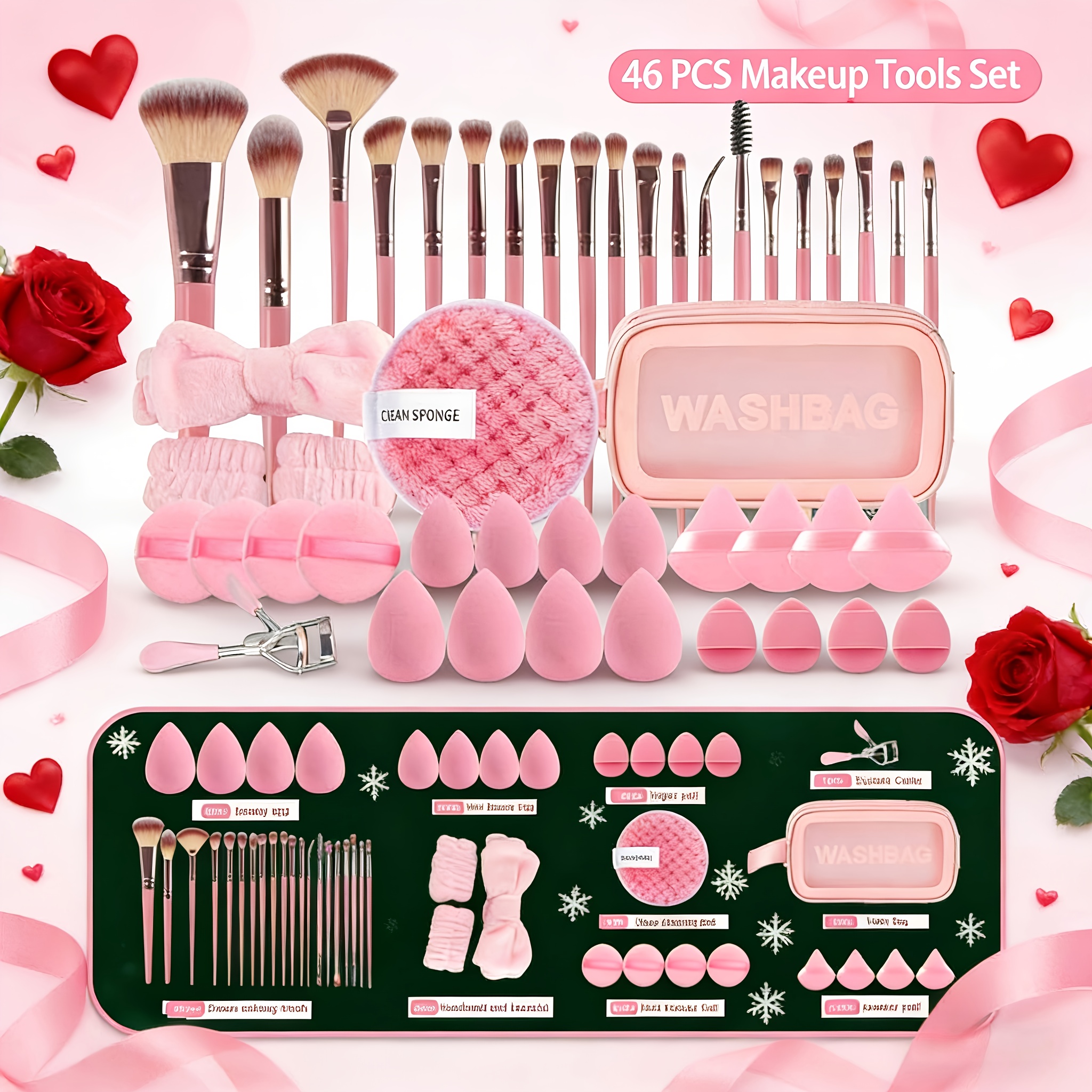 TEMU 46pcs Makeup Brush And Sponge Set Professional Makeup Brush Set Foundation Puff Cleaning Foundation Puff Makeup Tool Set