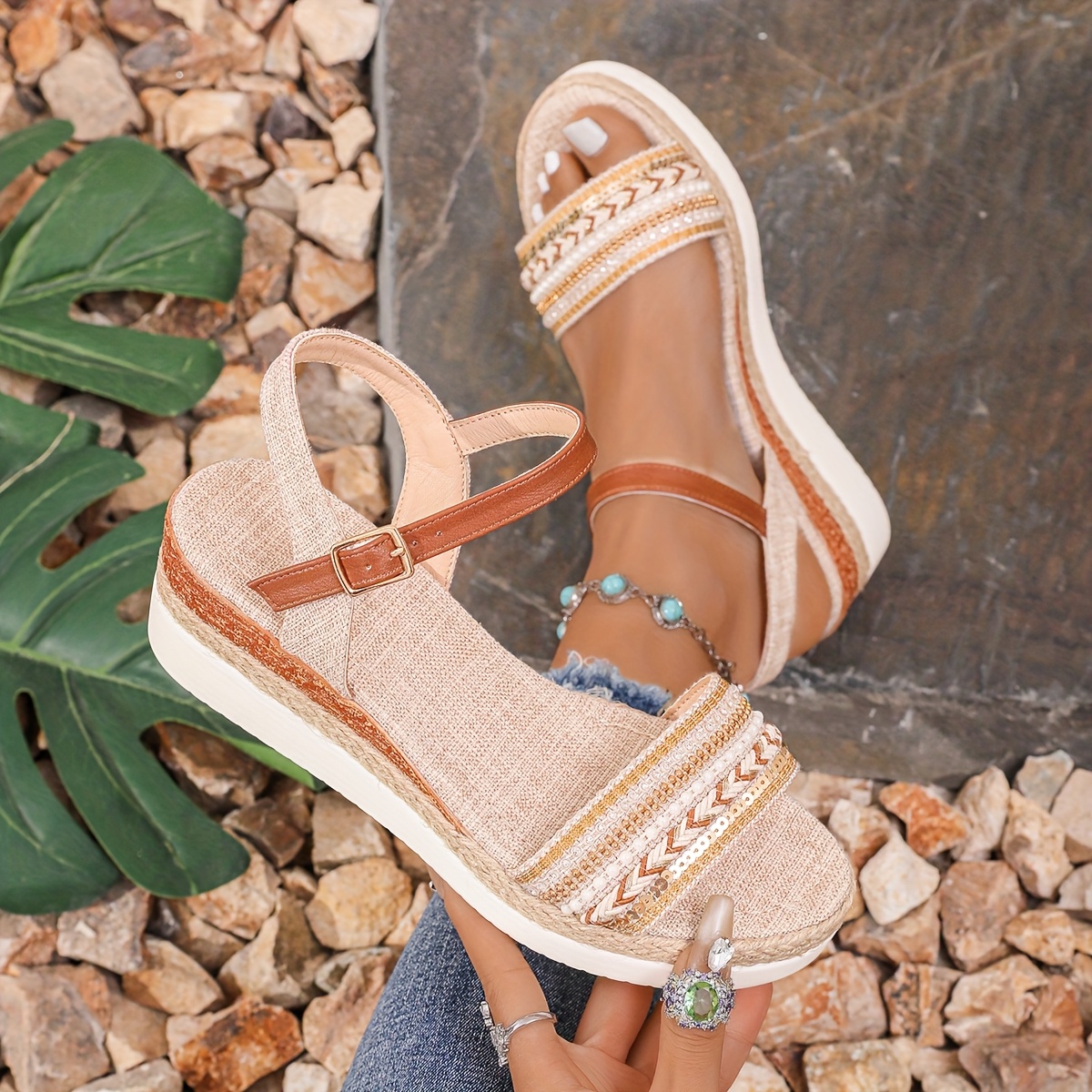 Image of Women's Fashion Flat Sandals With Comfortable, Non-slip, Wear-resistant Closure, Open-toe Fabric Upper, Fabric Insole, Sole, Medium Heel Height, Women Shoes