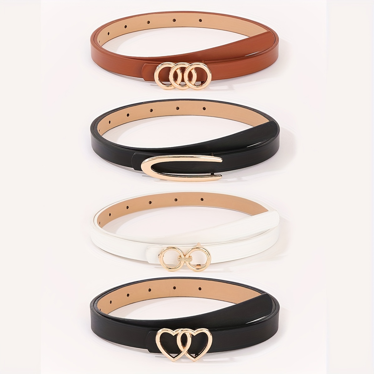 TEMU 4pcs/set 3-ring Double U-shaped Heart Black Belts, Pu Waist Belt