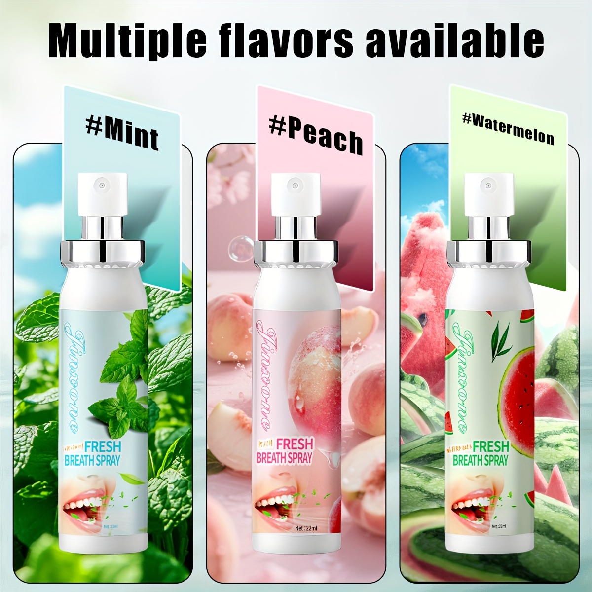 Image of 3pcs Set Of Mint/watermelon/peach Flavored Breath Sprays, Bad Breath, Refreshes Breath, Portable Oral Spray, Long-, Holiday Gift, Suitable For Men And Women, Essential For Parties And Gatherings