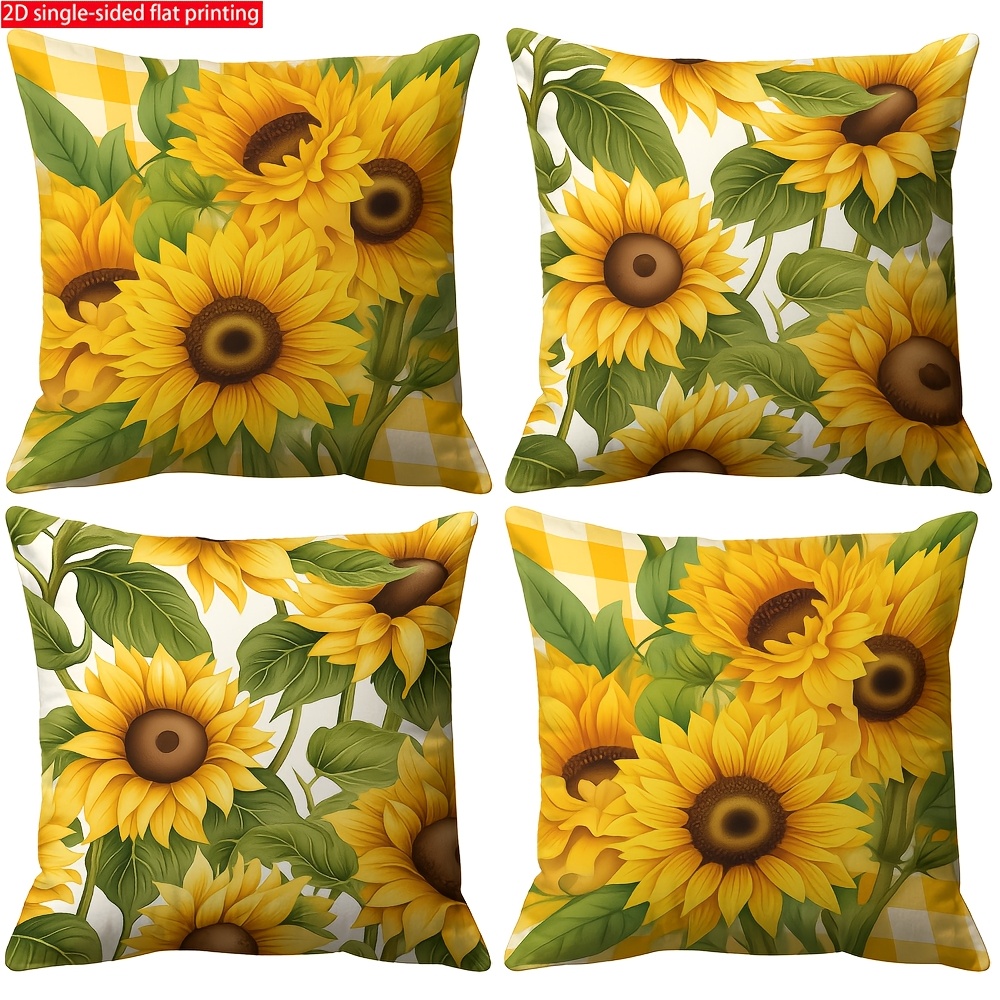 TEMU 4pcs Sunflower Print Pillow And Cushion Set - -green Plant Theme Bedding, Zippered Decorative Sofa/bedside Pillowcases, Machine Washable Textile