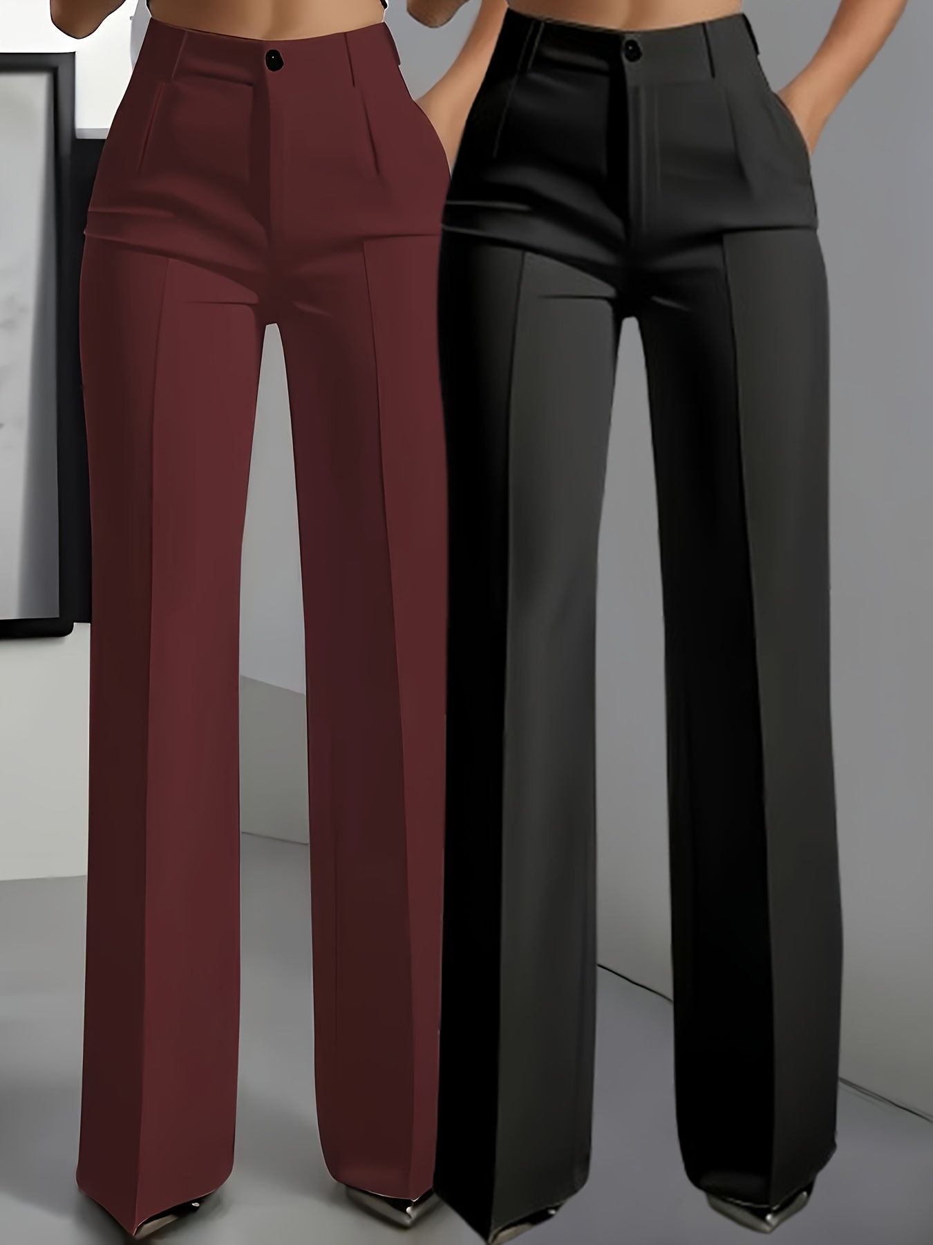 2pcs Women's Elegant Solid Color Straight-Leg Pants with Diagonal/Slant Pocket - Beltless, Solid Color Trousers for, Casual & Semi-Formal Wear - Machine Washable Non-Stretch - Pants Suitable for Body Types