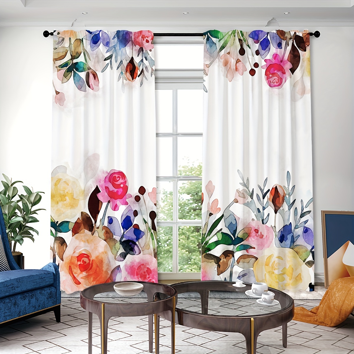 

2pcs, Beautiful Watercolor Rose Bouquet Pattern Printed Curtains, Rod Pocket Curtain, Suitable For Restaurants, Public Places, Living Rooms, Bedrooms, Offices, Study Rooms, Home Decoration