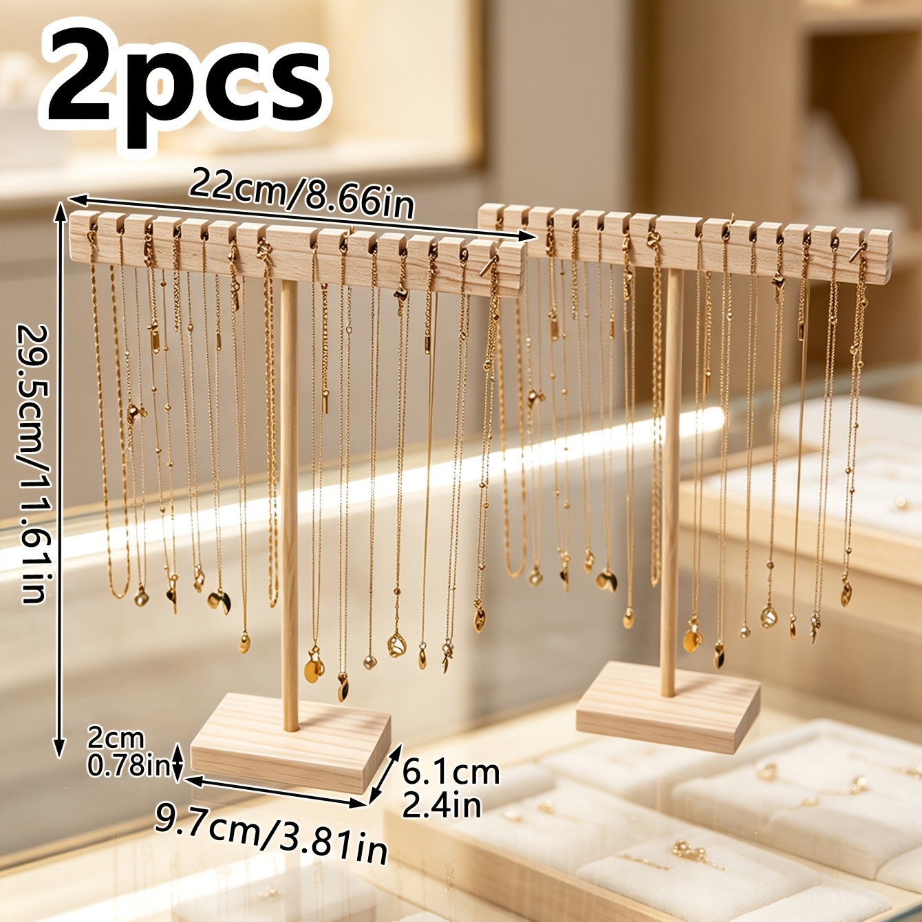 TEMU 2pcs Set Of Wooden Hanging Jewelry Organizers, Necklace Display Rack With 14pcs Card Slots, Home Desktop Jewelry Hanger, Anti-slip Card Slot