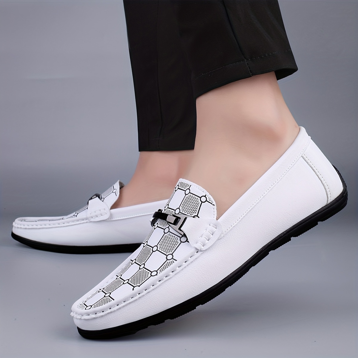 Chaussures Mocassins Homme à Enfiler Blanc avec Motif et Confortables  pour Tenue Décontractée, Doublure Respirante, Semelle en Caoutchouc,