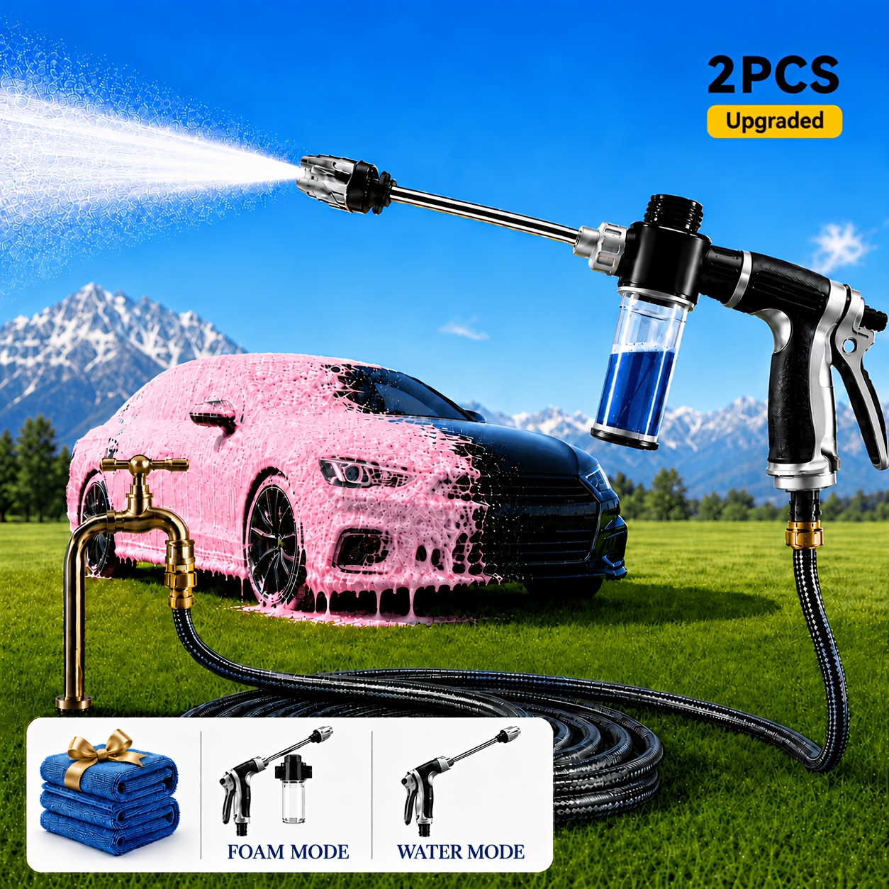 TEMU 2pcs Upgraded Car Wash Sprayer Set | Long Rod Water Gun With Wash Towel, 360&deg; Adjustable Nozzle, Removable Foam Bottle, Easy Setup, No Hose Included, For Car, Motorcycle, Garden & Yard Cleaning