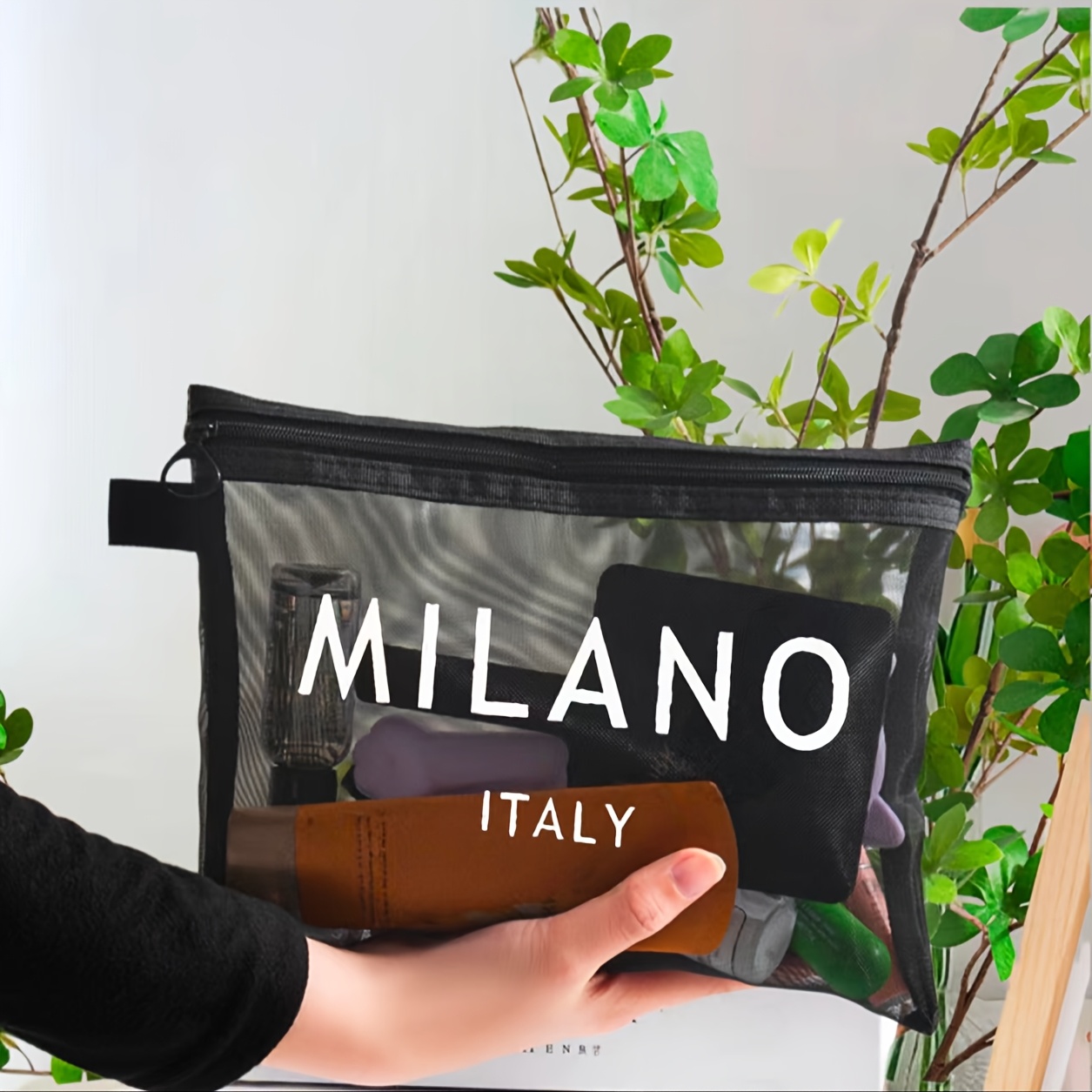 E-shop 1 "Mailand, Italien" Musterbedruckte Netz-Make-up-Tasche, Tragbarer Reise-Kulturbeutel mit Reißverschluss, Uni-Farbe, Geeignet zur Aufbewahrung