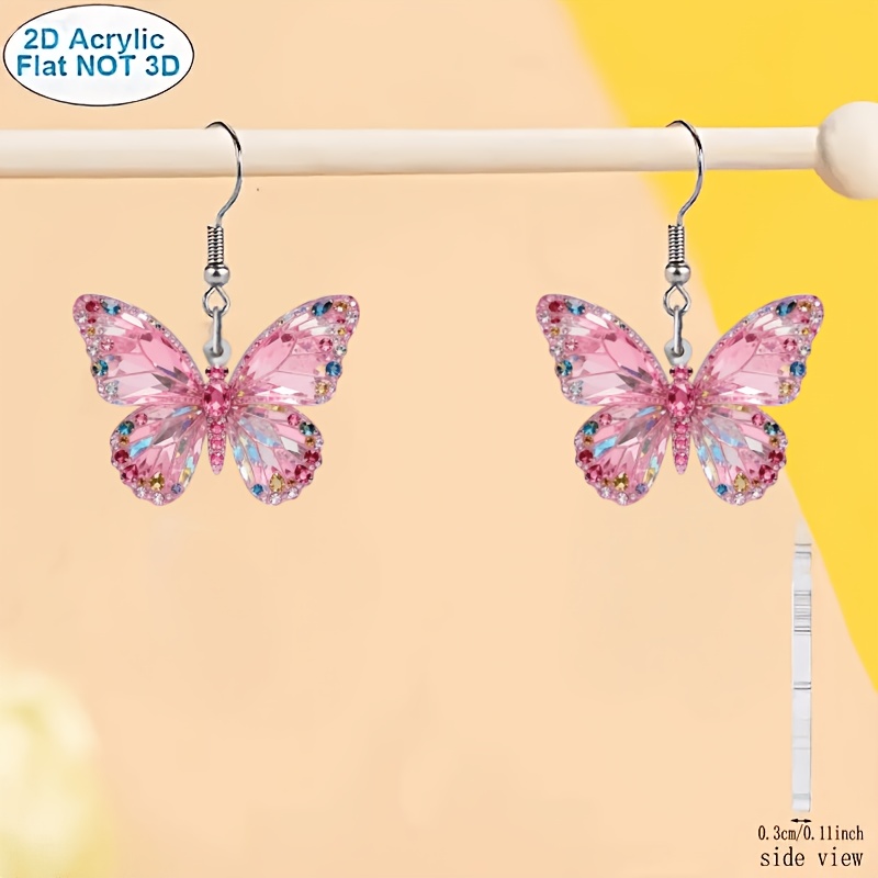TEMU Boucles d'oreilles pendantes 2D plates, 1 paire, polyvalentes, en acrylique de papillon rose avec floraux, un pour des animaux, adaptées aux