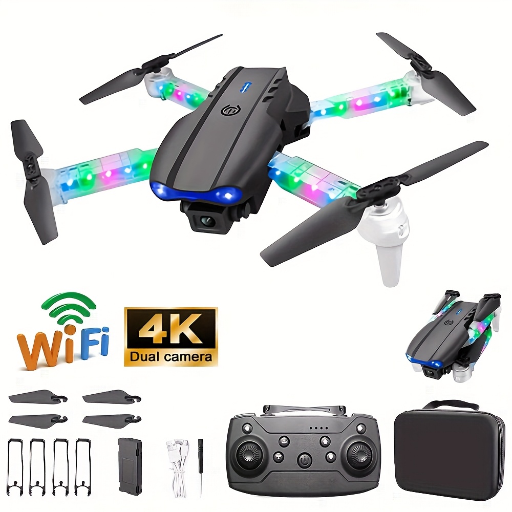 

E99 With Led Lights, Remote Control Drone, Dual Cameras, Dual Folding Remote Control Quadcopter Height Maintenance, Suitable For Beginners And , Black/gray Color