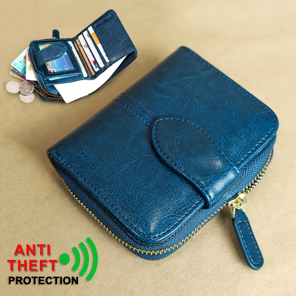 

Billfold Oil Wax Genuine Leather Wallets, Anti-theft Brush Short Mini Clutch Purse