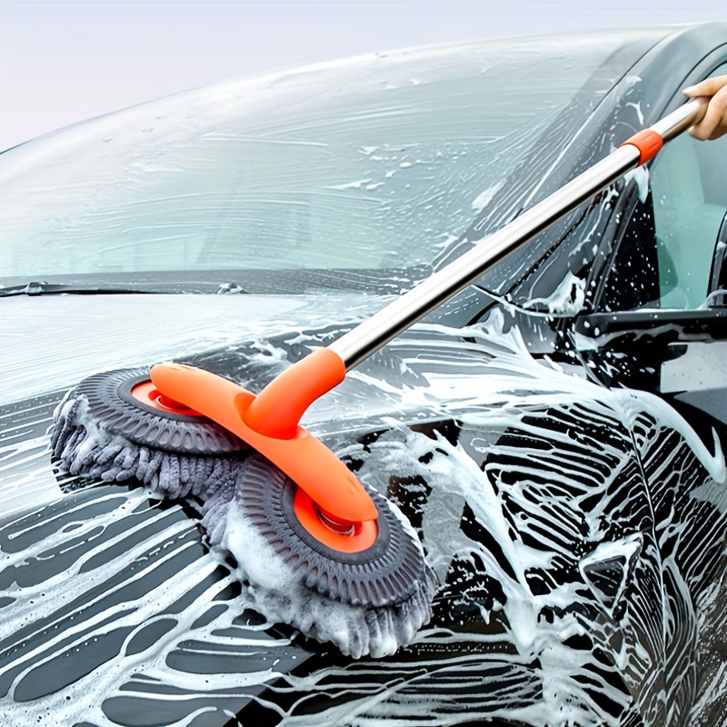 rotating car wash mop extendable dual head chenille cleaning tool with soft scratching brushes for auto detailing and waterless car cleaning without battery