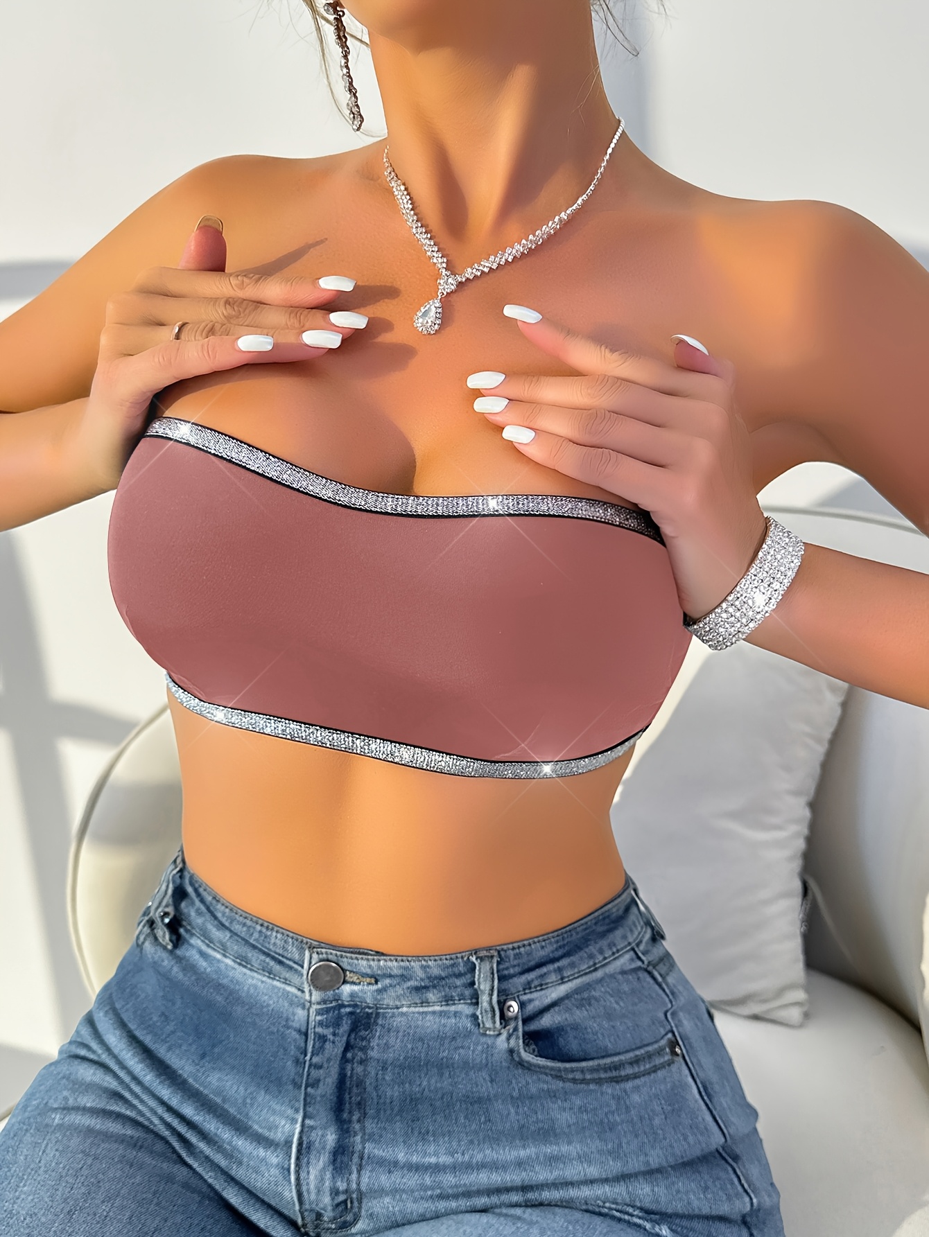 Attractive Wireless Bralette for Women - Seamless, No-Pad Design with Glitter Detail, Nylon & Elastane Blend, Hand Washable