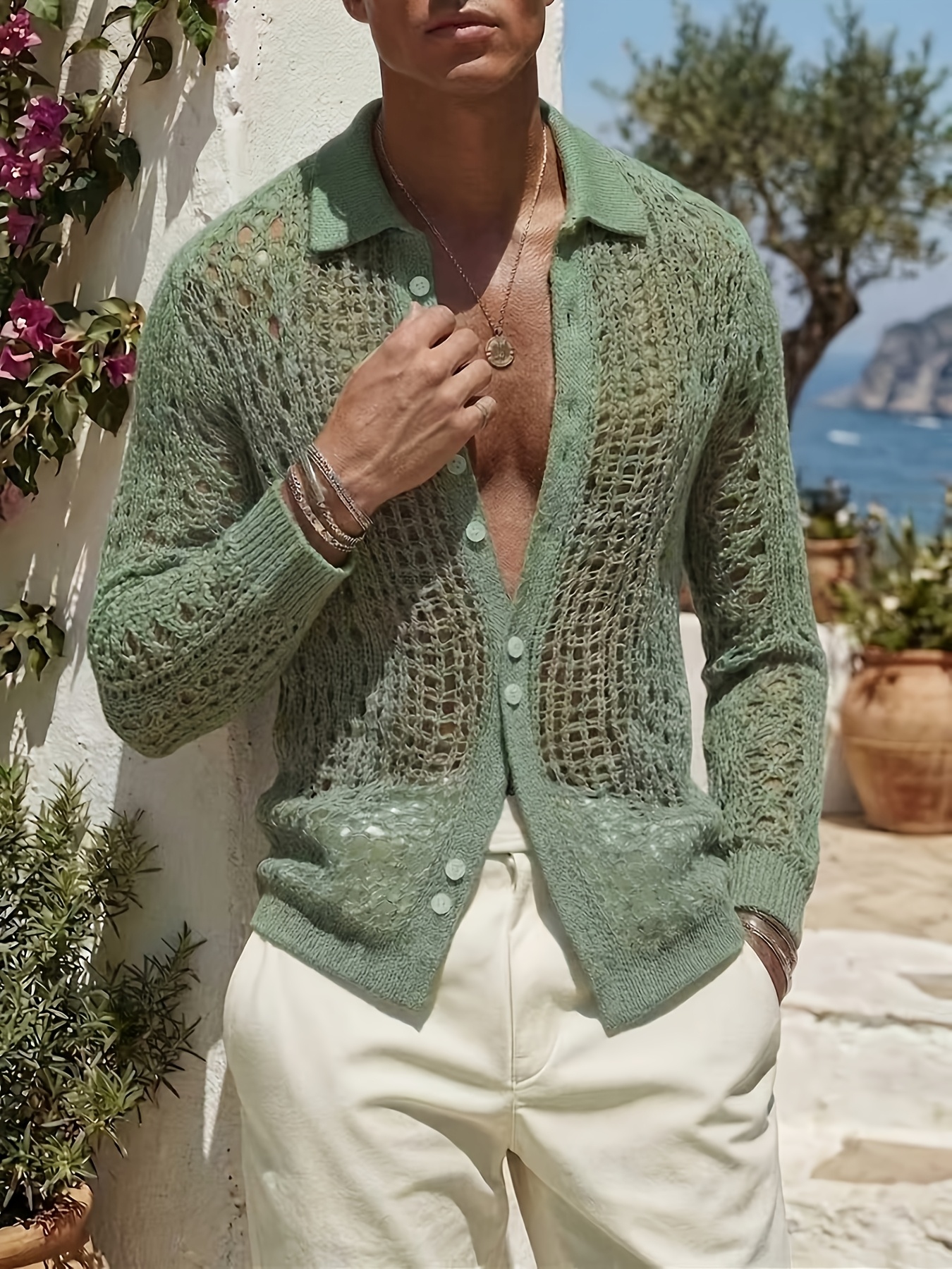 Men's Knitwear, Bean Green Hollow-out Knit Cardigan, Lapel & Single-breasted Design, Breathable & Casual, with a Relaxed Vacation Vibe