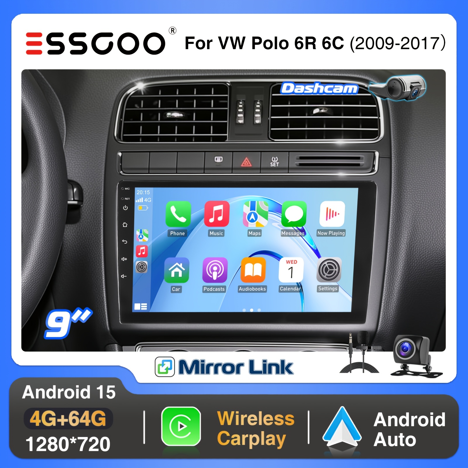 Essgoo [radio Upgrade Kit] 15 4+64g For Vw 6r 6c 2009-2017 | 9 Inch Ips Screen Touch Display With , Auto, Fan Cooling, Gps, Wifi, Fm, Rds, Usb, , With Microphone & Ahd Reverse Camera
