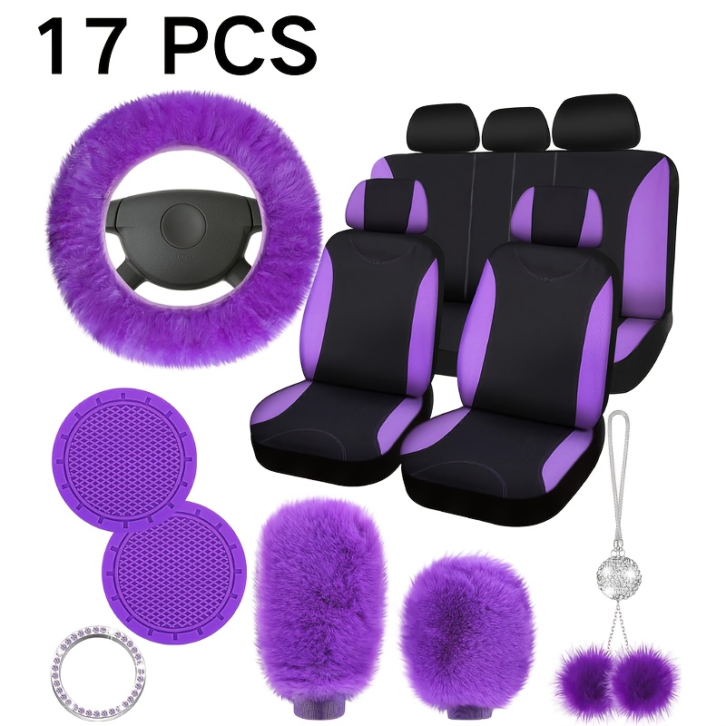 TEMU 17pcs Purple Fluffy Car Seat Cover Full Set For Women Fuzzy Car Decor Steering Wheel Cover Soft Fleece Shift Hanging Ornament Accessory Holder