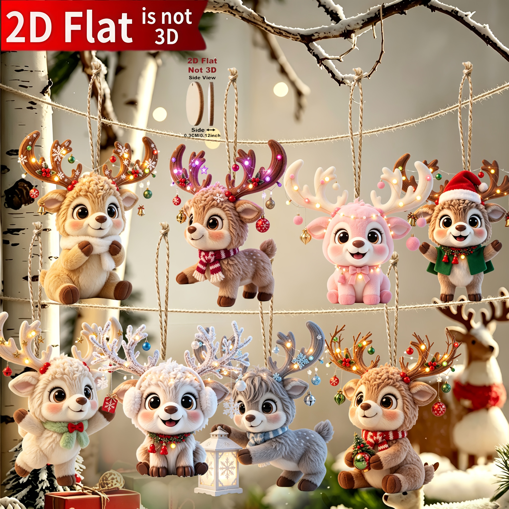 TEMU 2d Flat, 8pcs Christmas Night 2d Cute Deer Wooden Ornaments With Rope, Outdoor Party Decorations, Christmas Decor, Outdoor Christmas Decor,