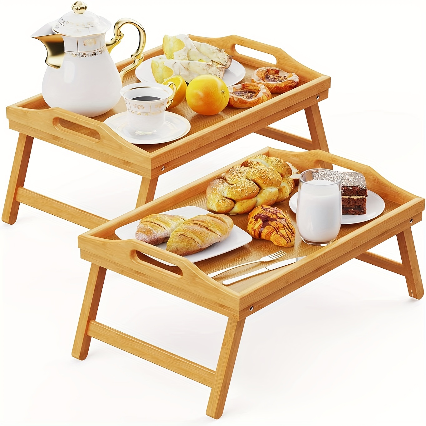 

2 Pack Bed Tray Table With Handles Folding Legs, Tray Bamboo Bed Tray For Sofa, Bed, Eating, And Working