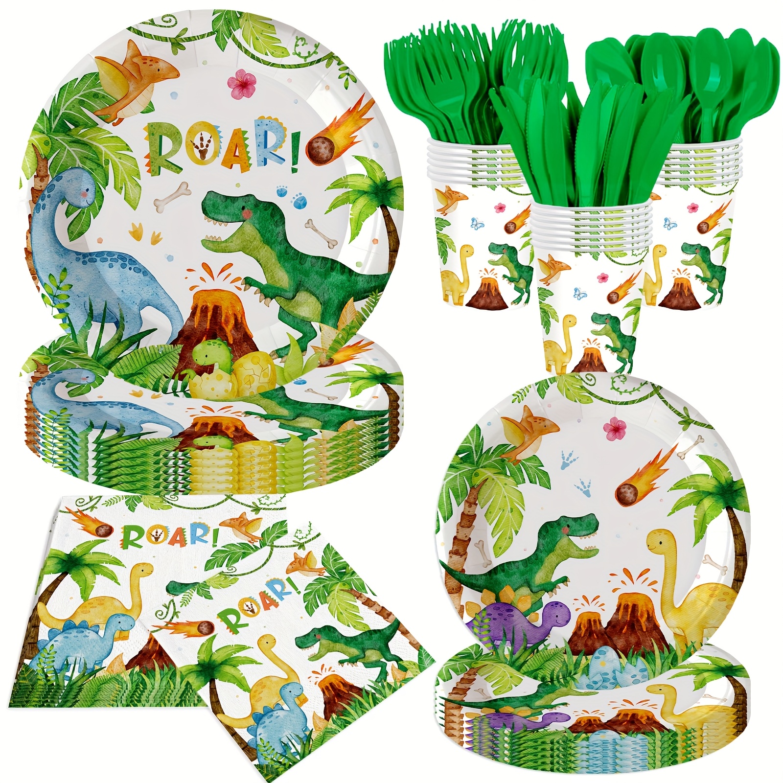 TEMU 140pcs Dinosaur Birthday Party Supplies Set, Including Decorative Plates And Napkins For A Dinosaur-themed Celebration, Suitable For 20 Guests