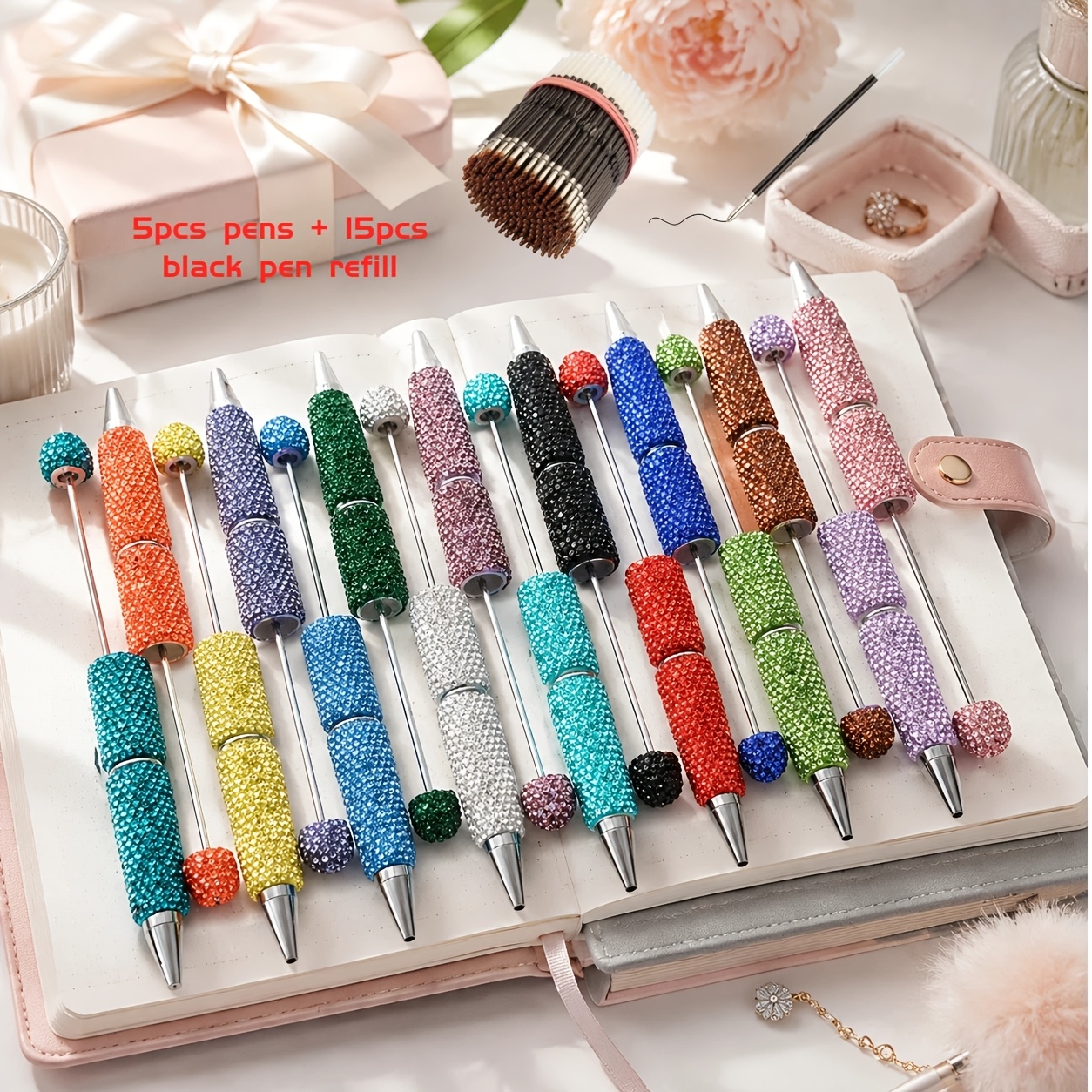 TEMU 20pcs Random Rhinestone Beaded Pens Diy Detachable Tip Cute Student Girl Stationery Notebook Decorative Pens Best Friend Gift ( 5 Pens+15 Pen