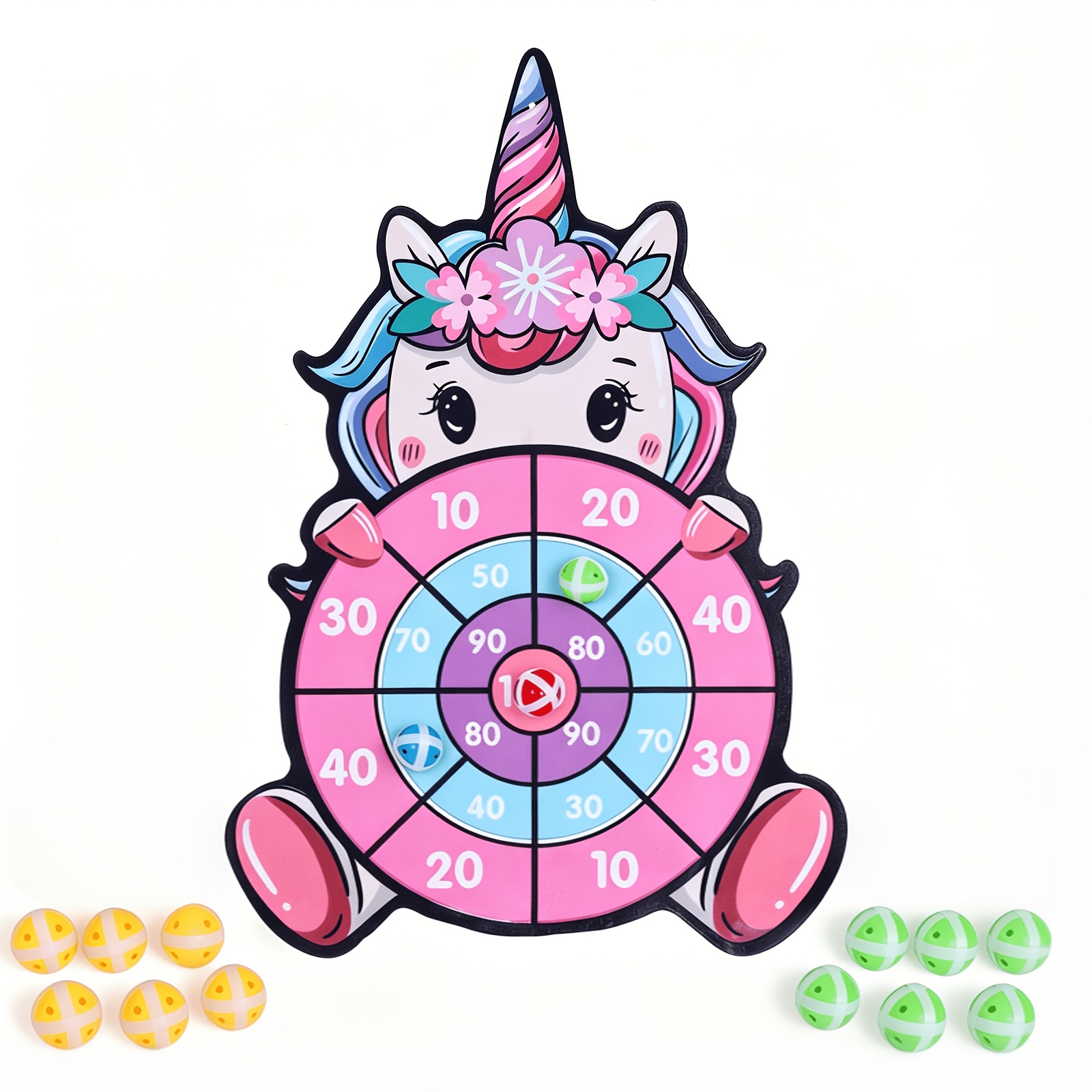 TEMU 1 Set Flower Unicorn Sticky Ball Dart Board (3/6/12pcs Random Colors), Cartoon Board Game, Cartoon Pattern Ball Toy, Parent-child Interactive