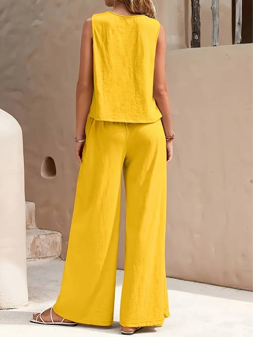 womens solid color round neck vest and wide leg pants set