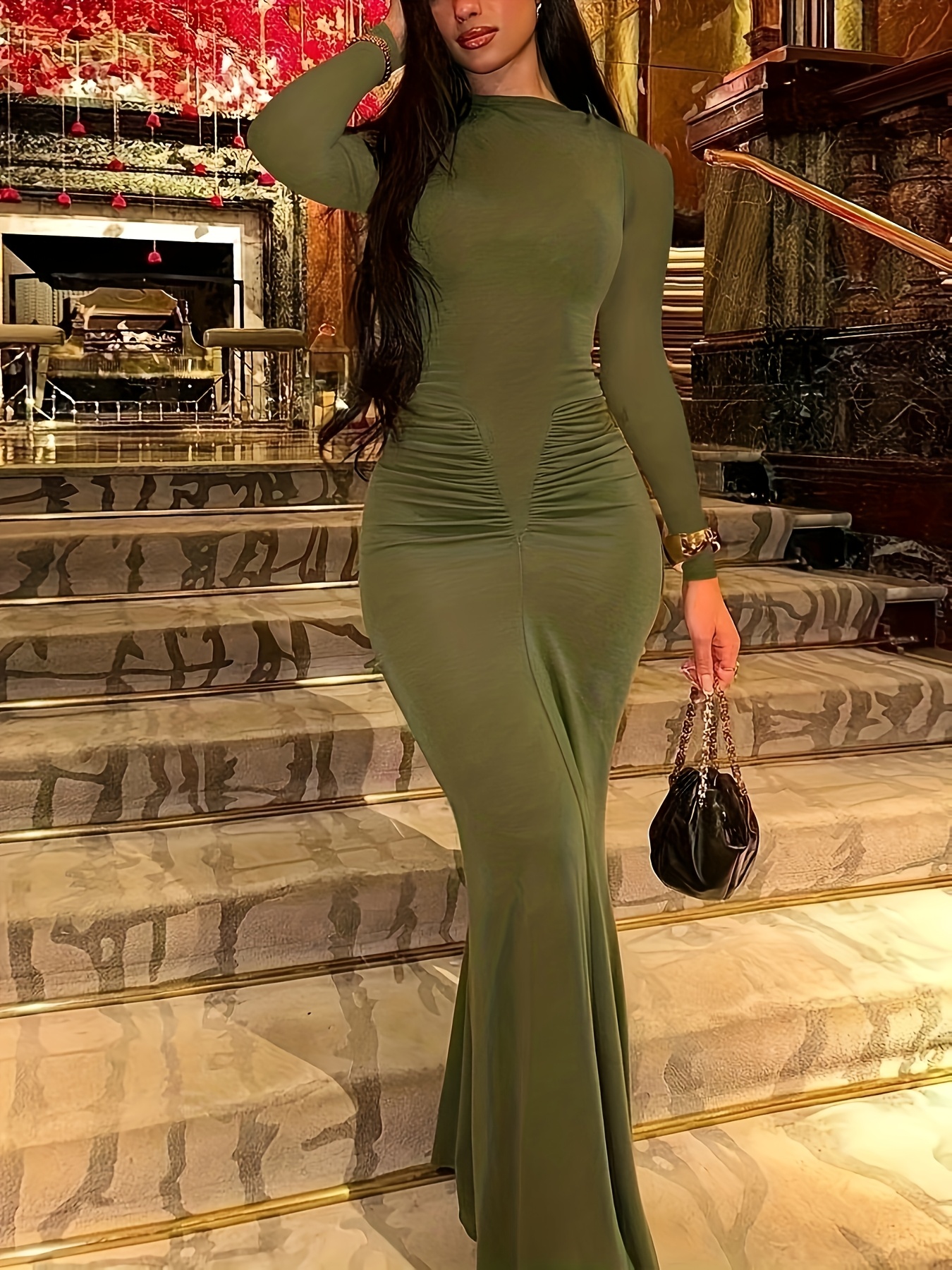 sexy olive green long sleeve bodycon dress ruched detailing Temu