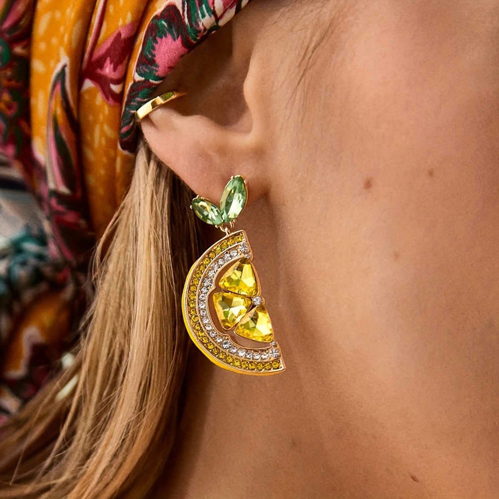 

Boho-chic Summer Lemon Dangle Earrings With Sparkling Rhinestones - Perfect For Vacations & Parties