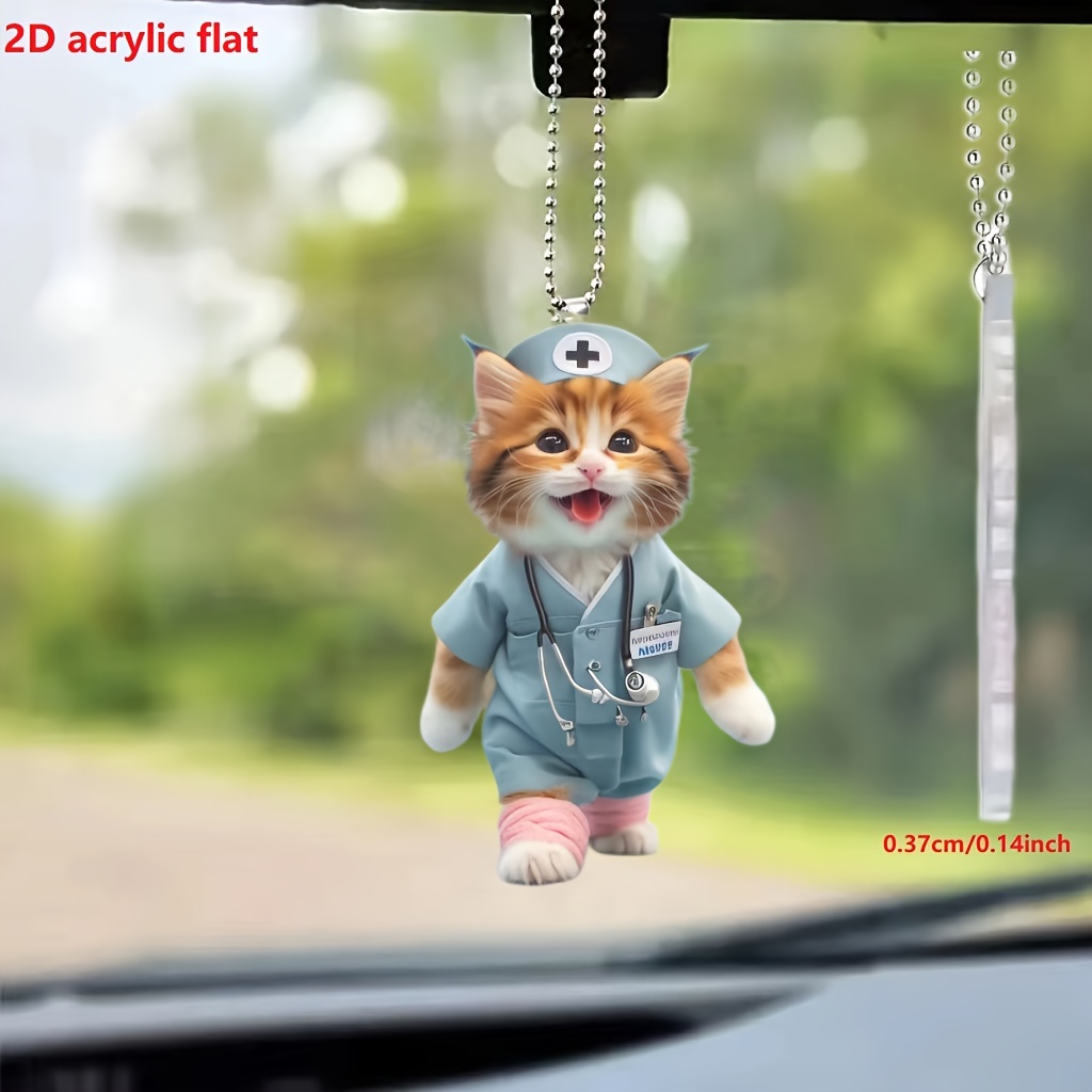 

1pc, 2d Acrylic Sweet And Cute Nurse Kitten Car Rearview Mirror Decorative Pendant, Backpack Keychain Decorative Pendant, Home Decoration Products