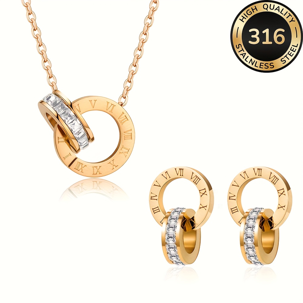 E-shop 3-teiliges hochwertiges goldenes Halsketten- und Ohrring-Set mit römischen Buchstaben aus Edelstahl, lichtecht, einfach und elegant, modische