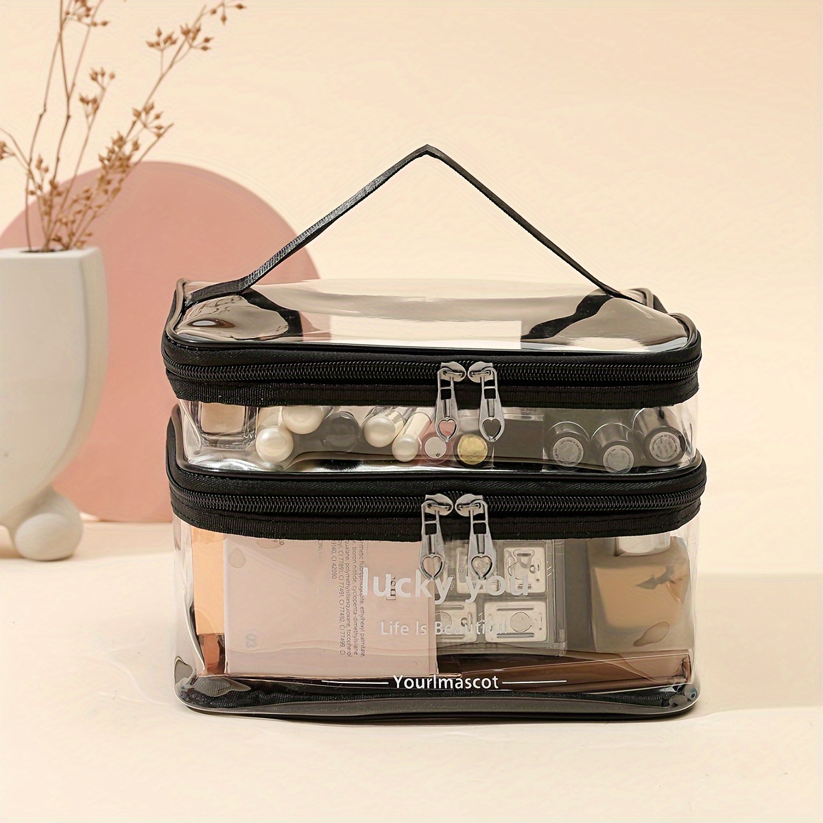 

Double Layer Clear Pvc Makeup Bag, Large Capacity Portable Cosmetic Toiletry Case, Travel Organizer With Handle, Transparent Storage Pouch