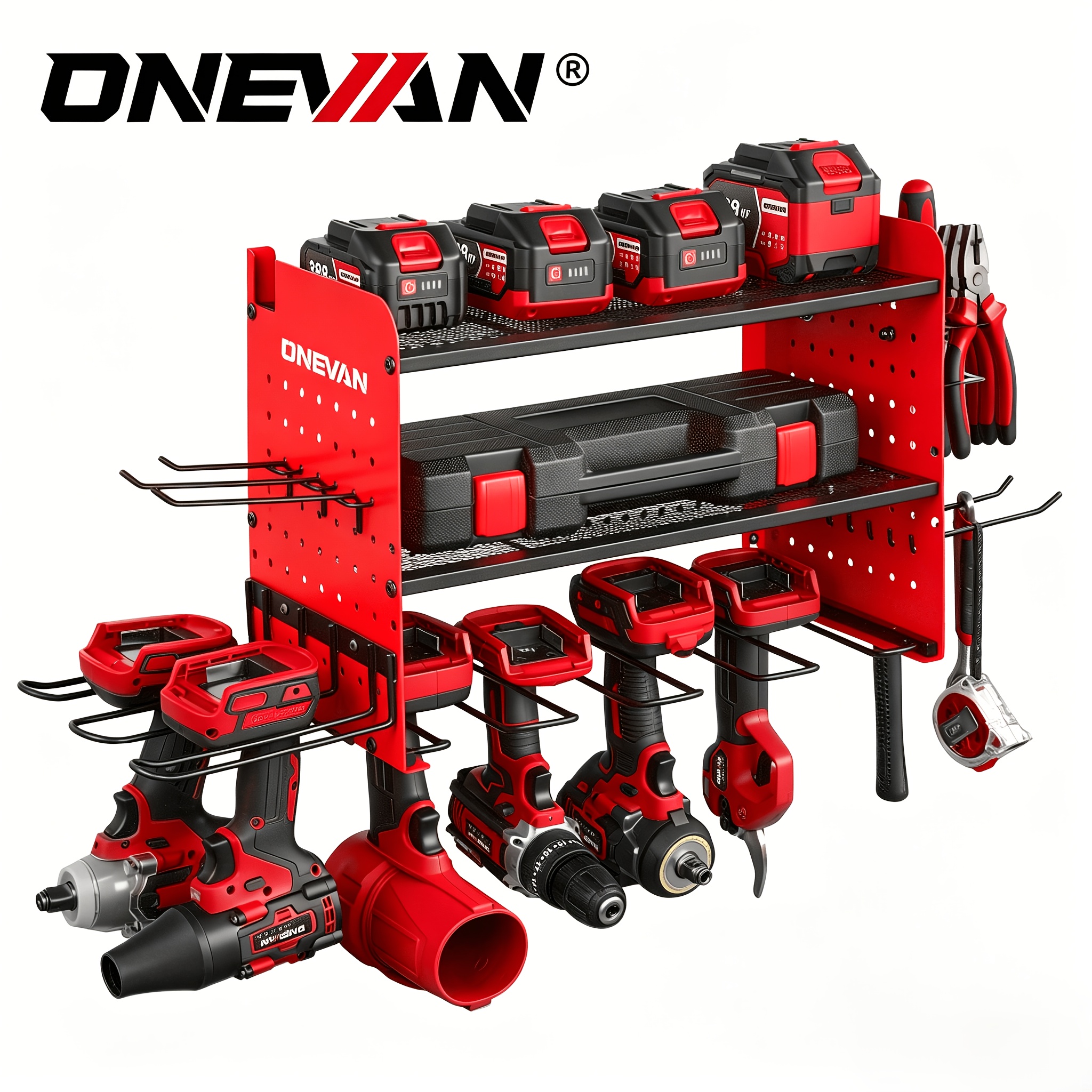 Image of Onevan Three-tier Tool Storage Rack, Power Tool Organizer, Wall-mounted Hammer Drill Tool Shelf, Garage/home Workshop Storage Rack With Side Screwdriver Holder, Storage Racks