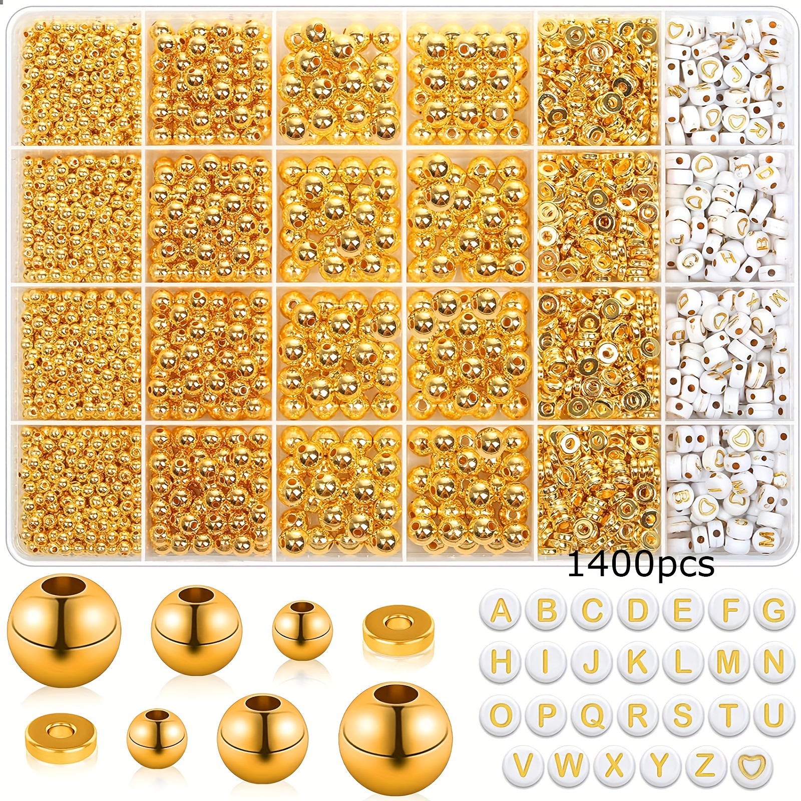 

1400 Pieces Golden Spacer Beads And Golden Letter Beads For Bracelets Making, Golden Bracelet Beads Include Round Beads, Flat Spacer Beads And Alphabet Beads For Bracelets And Jewelry Making