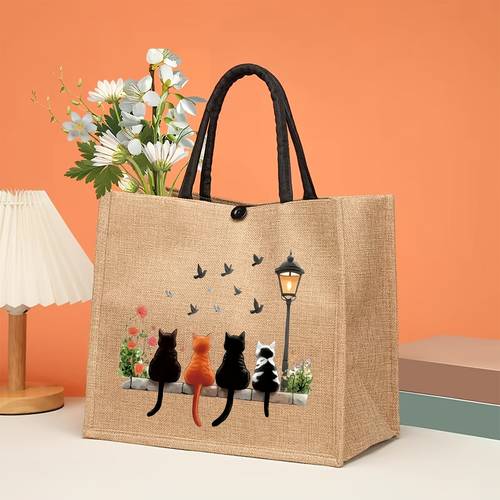 fashionable cat print tote bag durable and stylish khaki fabric with closure ideal for shopping travel and outdoor activities