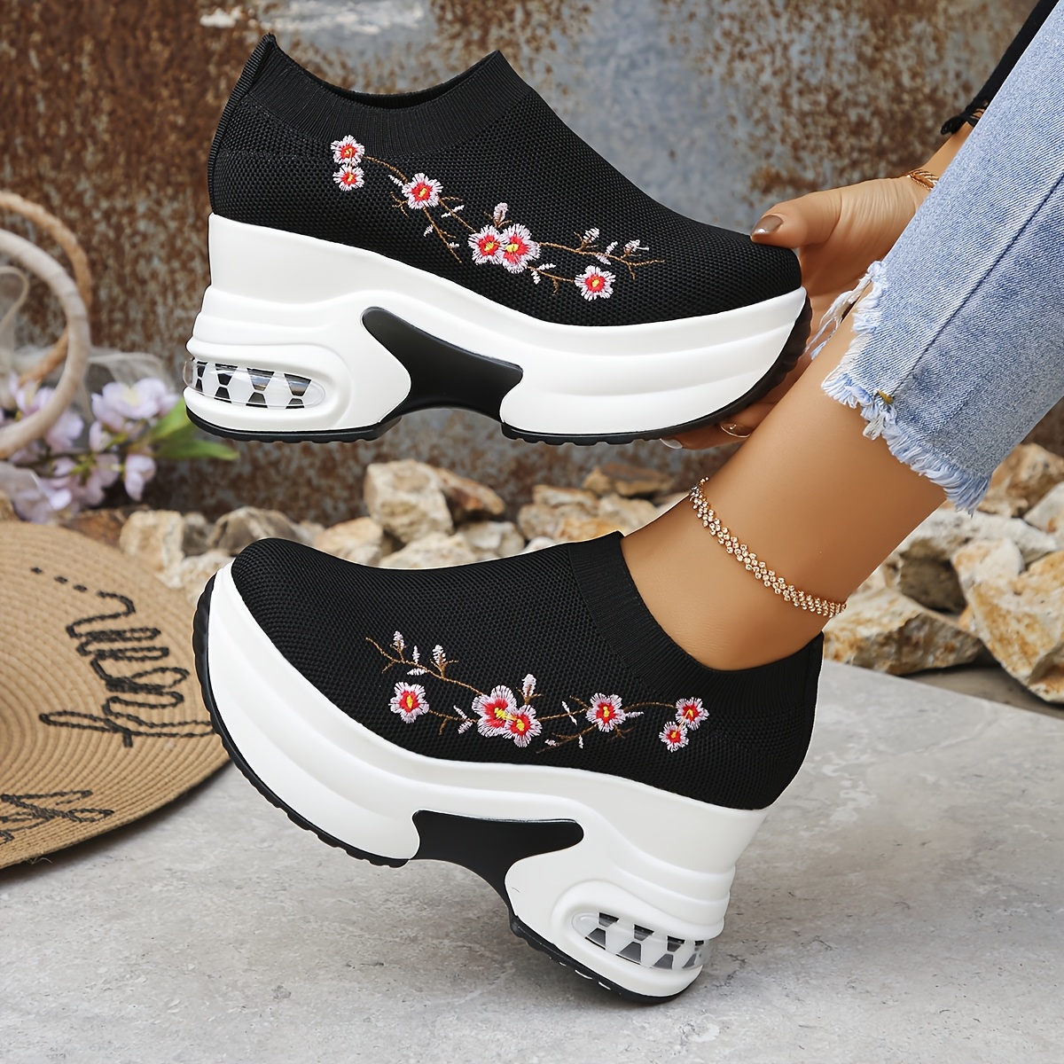 TEMU New Arrival: Embroidered Floral Slip-on Shoes For Women, Comfortable And Breathable Casual Footwear, Stylish And Versatile For A Effect., Women