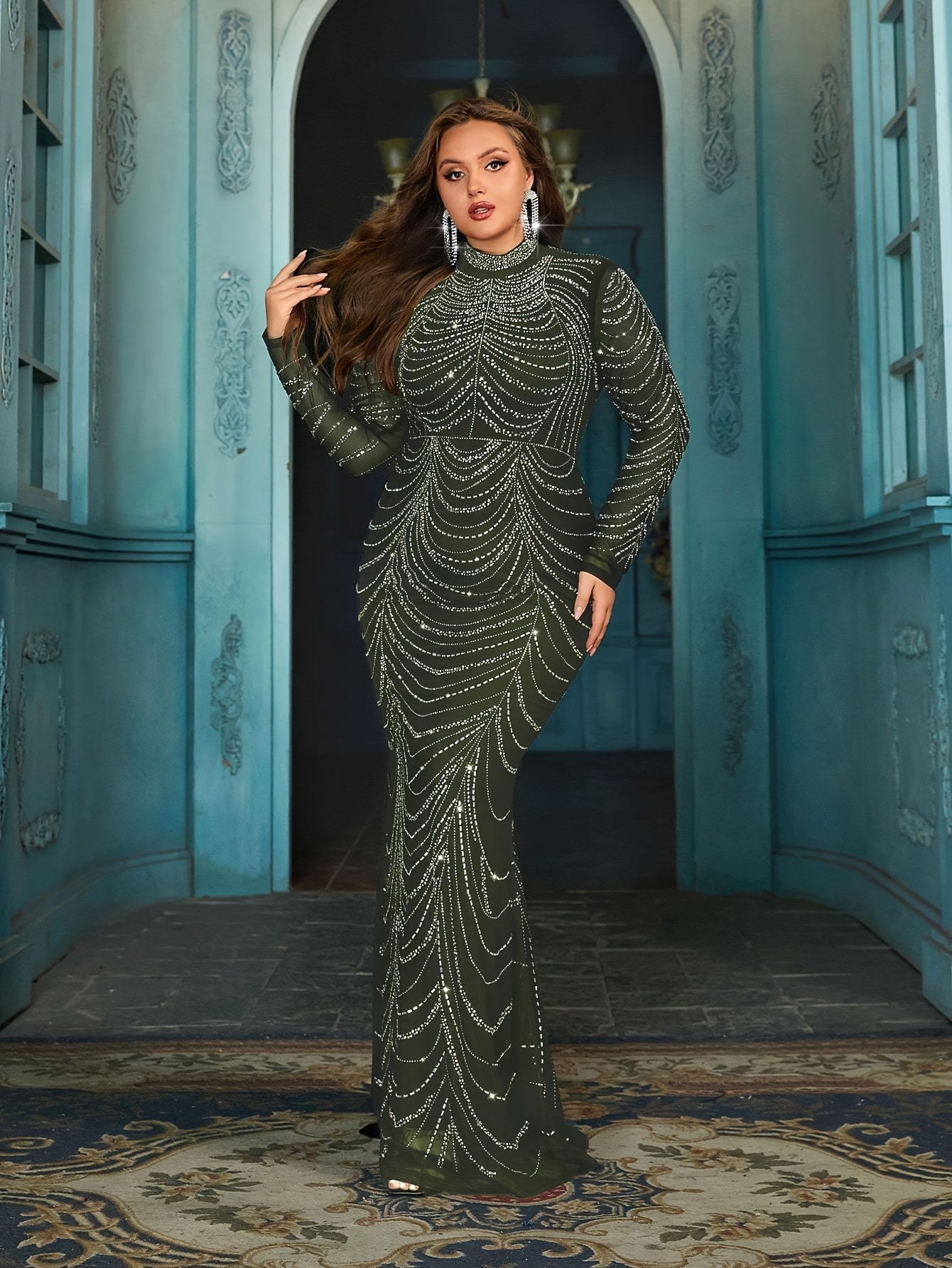 Plus Size, Plus Size * Embellished Waist Mermaid Hem Formal Evening Gown,  Elegant Long Sleeve Prom Dress, for Wedding Guest, Graduation, Dinner