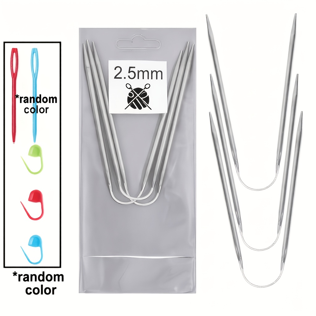 Image of Set Of 8 Knitting Needles, 3 Circular Metal Knitting Needles(silvery), 2 Plastic 2.76 Inch Sweater Needles(random Color), 3 Marker Buttons(random Color), Sweaters, Hats, Socks And Textile Making