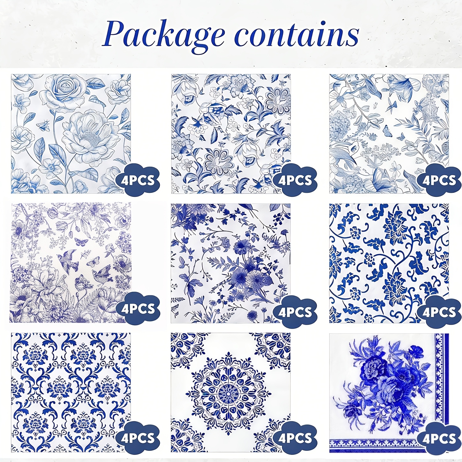TEMU 36pcs 9 Styles Blue And White Floral Paper Napkins, Chinese Traditional Cutout Design Disposable Cocktail Napkins, 16.5in Decorative Paper For