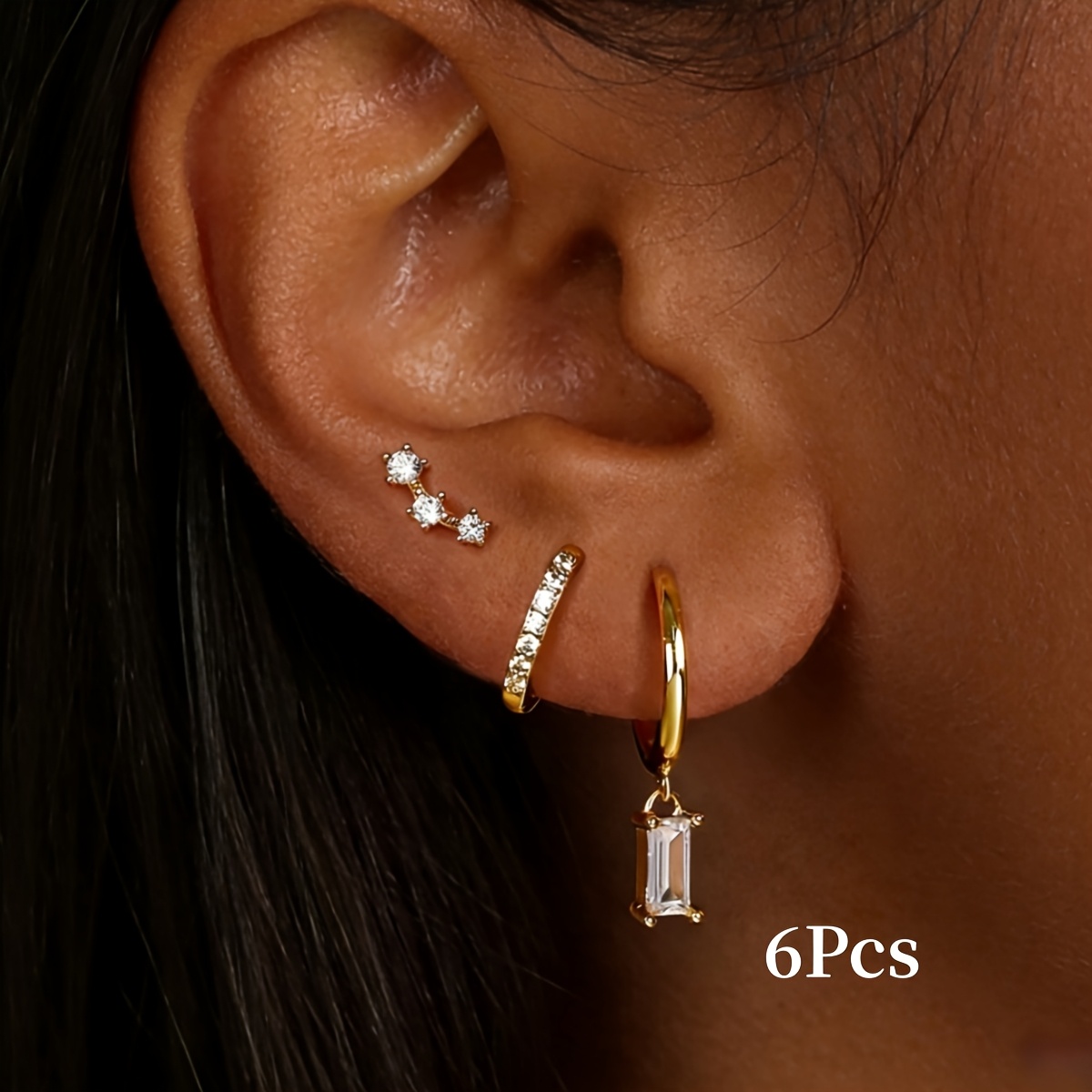 TEMU 6pcs Set Of Elegant And Simple Copper Earrings For Women, Inlaid With Sparkling Square Synthetic Synthetic Zirconia, Suitable For Daily Stacking