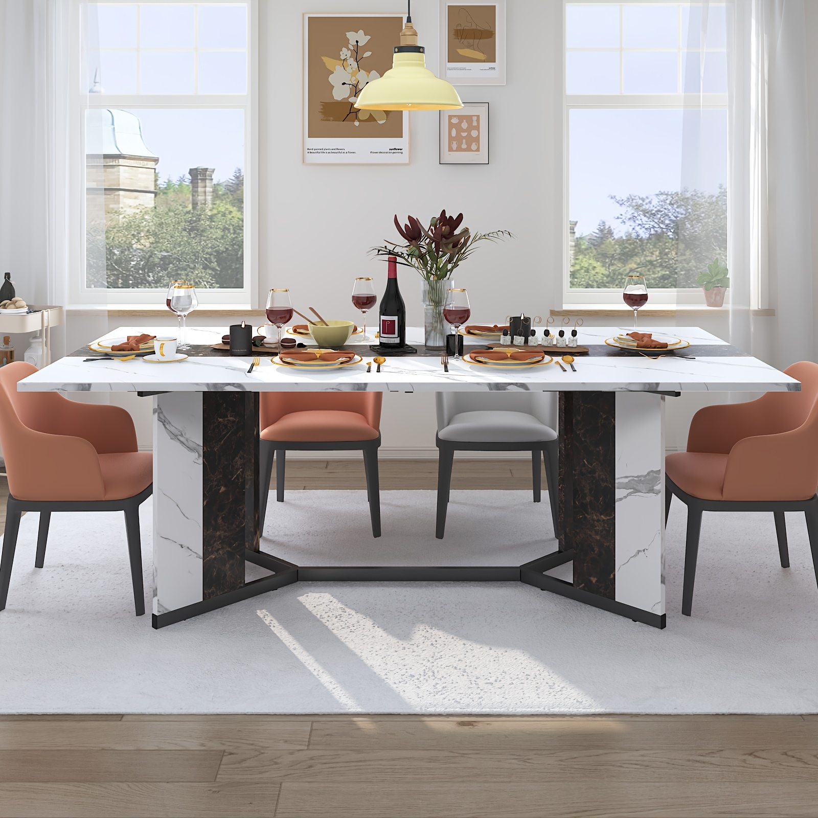 Waterproof and Scratch-Proof Dining Table - Luxurious 71-Inch Large Rectangular with Marble-Color Wood Top - Adjustable V-Shaped Legs for 4-7 People - Ideal for Family Dinners, Office, Kitchen, Living Room