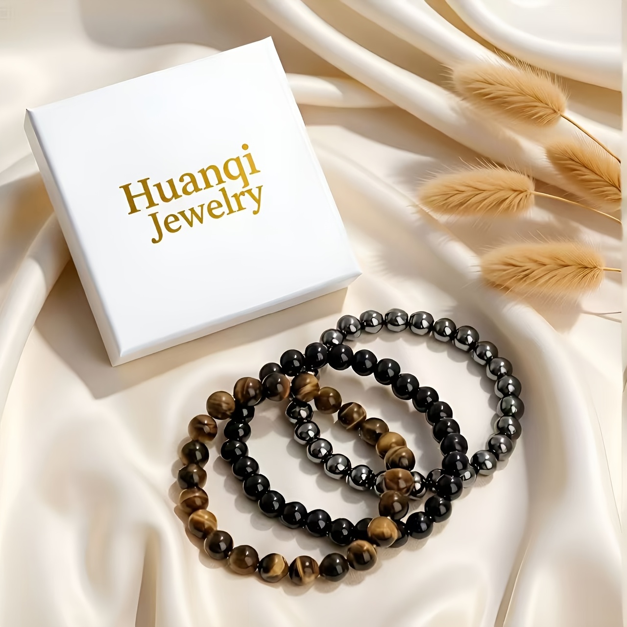 TEMU 3pcs Set Of Different Material Bracelets Featuring Eye, Ferrimagnetic Stone, And Obsidian Beads. Handmade Elastic Spiritual Jewelry Suitable For