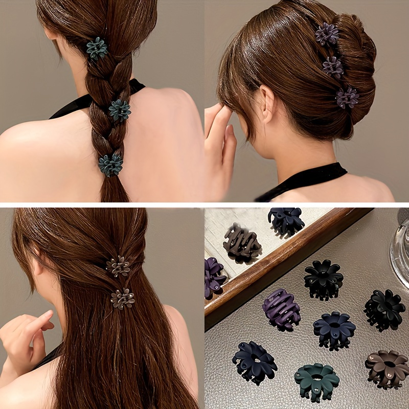 

6pcs Mini Flower Hair Clips Set, Elegant Drill Embellished, Small Size, Retro Style, Solid Color Print, Plastic, Hair Accessories For Women