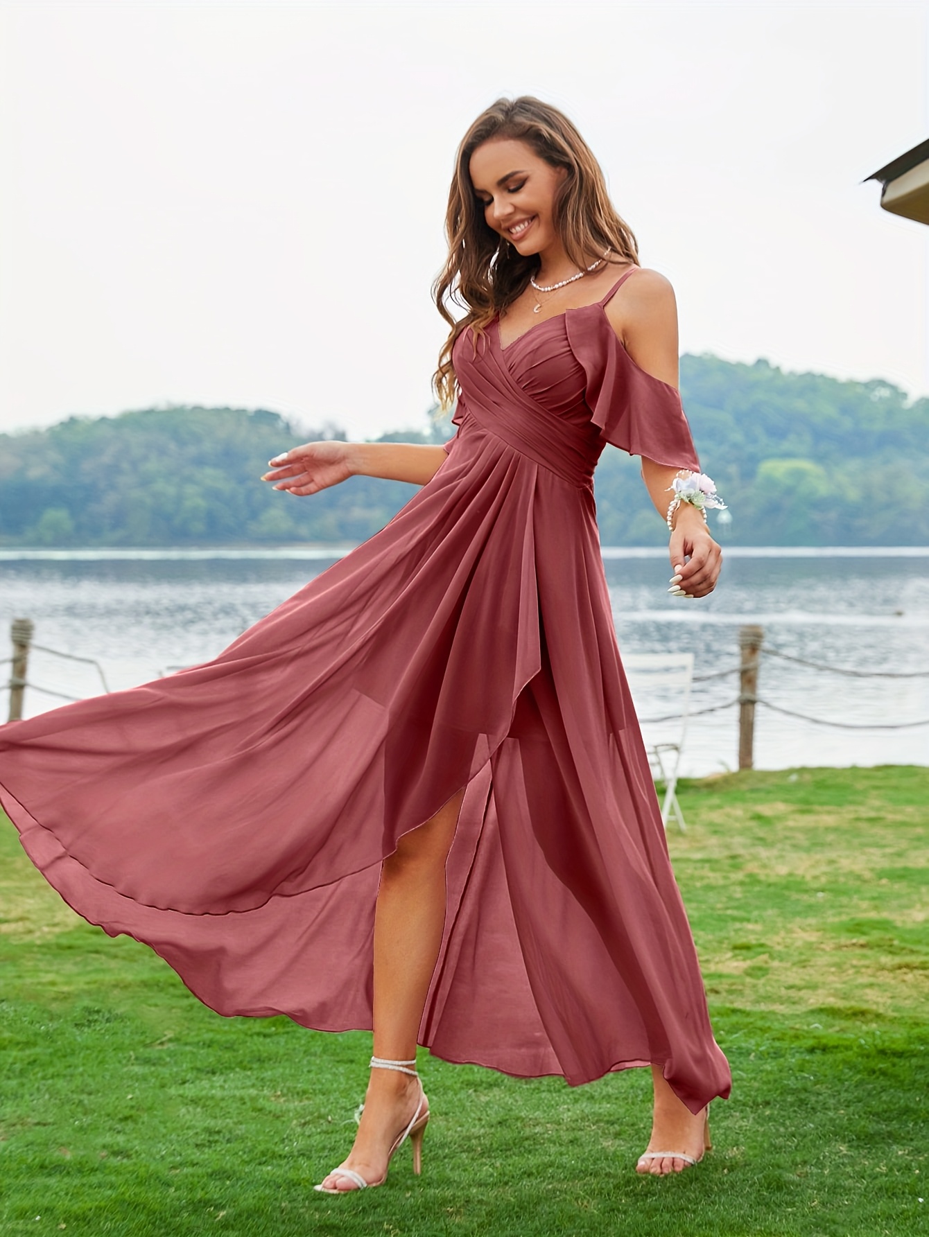 elegant off shoulder pleated maxi bridesmaid dress with high   v neck short sleeve solid   for weddings formal events wedding dresses for bride