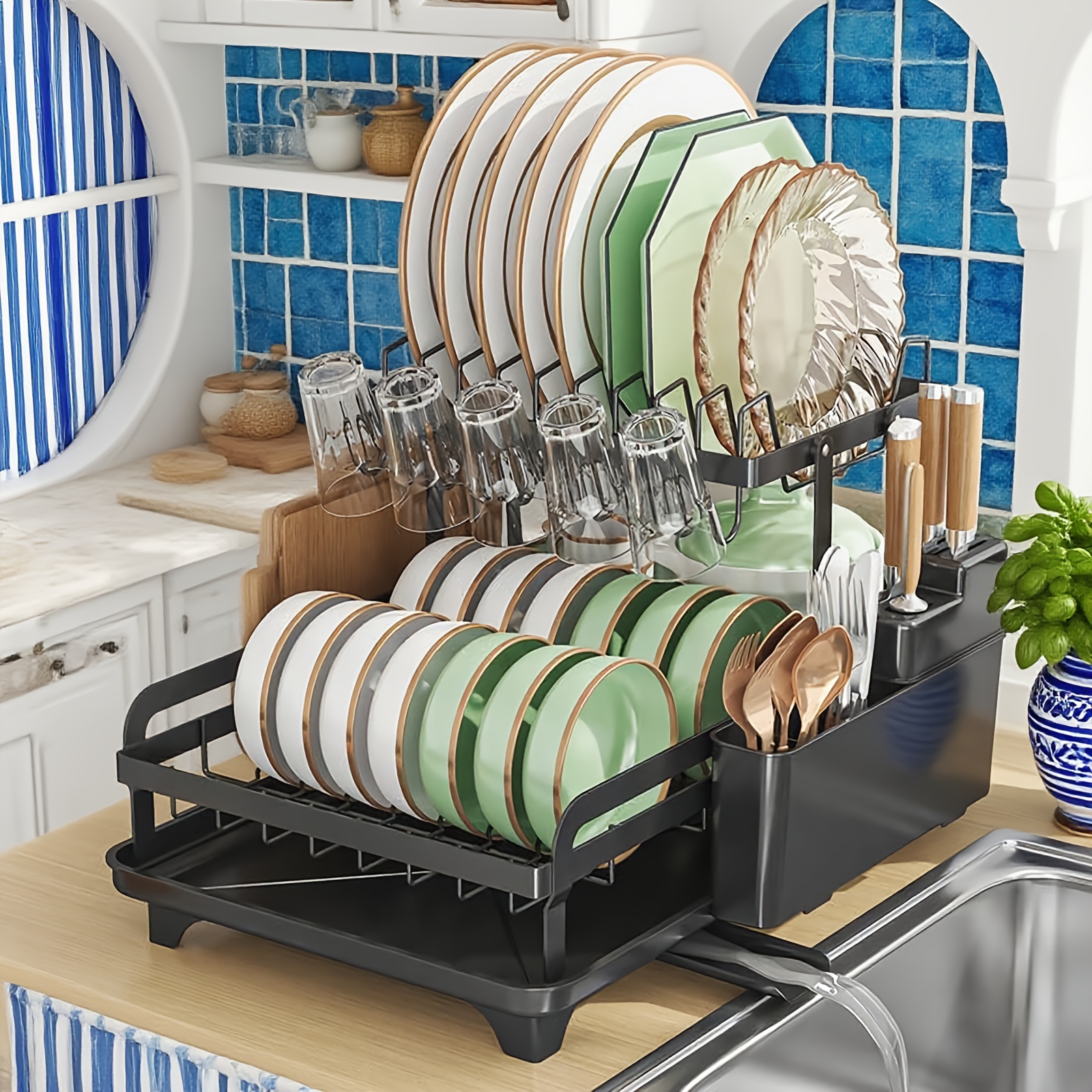 TEMU 2-tier Foldable Dish Drying Rack Cup Holder Cutlery Storage Basket Cutting Board Slot Kitchen Bowl Plate Organizer Adjustable Drain Pipe Black