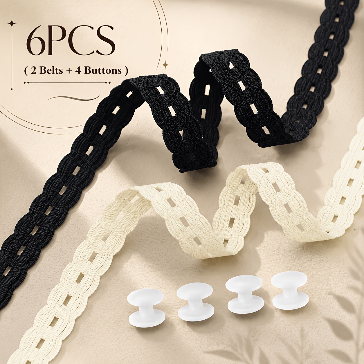 6pcs Lace Waist Cinching Belt Set (2 Belts And 4 Buttons), Adjustable Hem Holder For Shirts, T-shirts And Dresses, Outfit Styling Accessory For Daily Wear