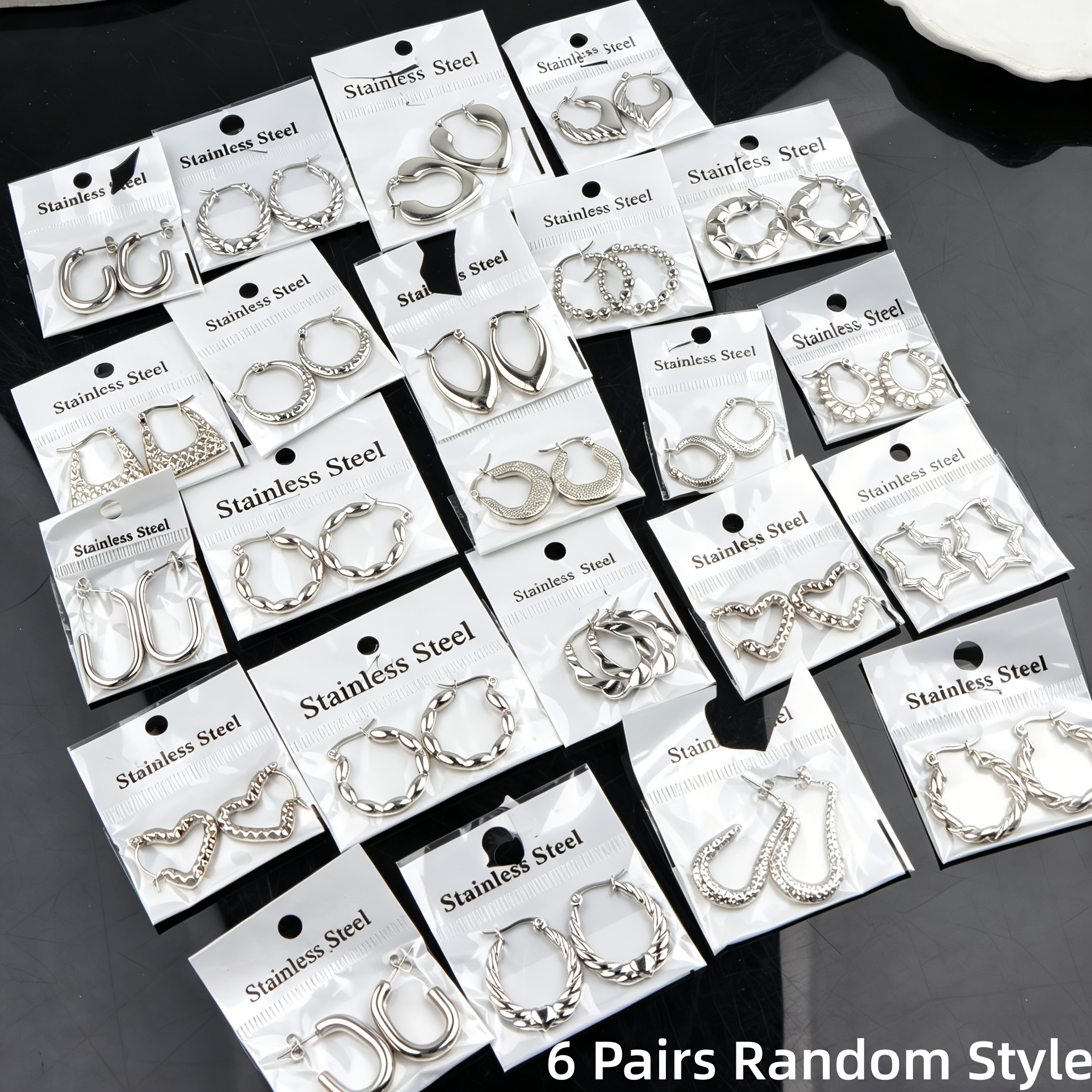 TEMU Lot de 6 paires de créoles en acier inoxydable pour femme, boucles d'oreilles huggie minimalistes torsadées de cœur, étoile et C, bijoux