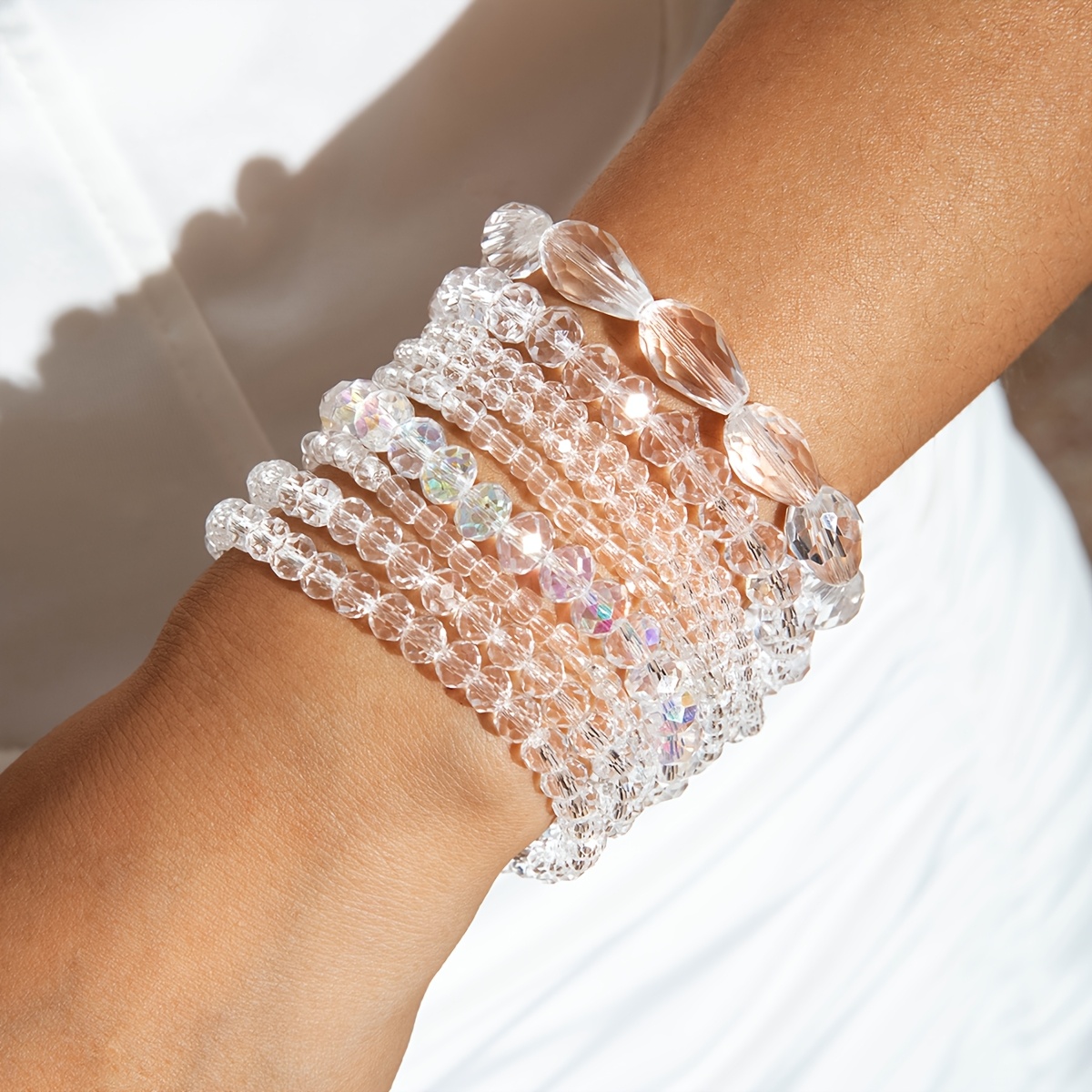 Image of 5/9pcs Fashionable, Stylish, Minimalist, Transparent, Colorful Beaded Elastic Cord Women's Layered Bracelet Set For Beach, Vacation, And Party Wear