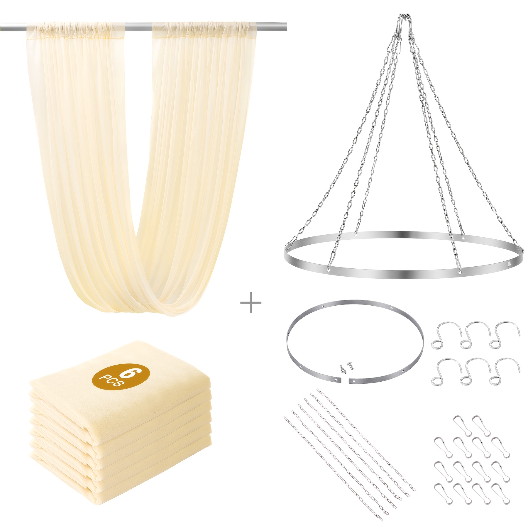 1 12*24-inch Ceiling Ring And 6 30*118-inch Chiffon Ceiling Background Cloth. A Total Of 7 Sets. Easy To Assemble, A Luxurious And Atmosphere. Suitable For Hotel Lobbies And Wedding Celebrations.