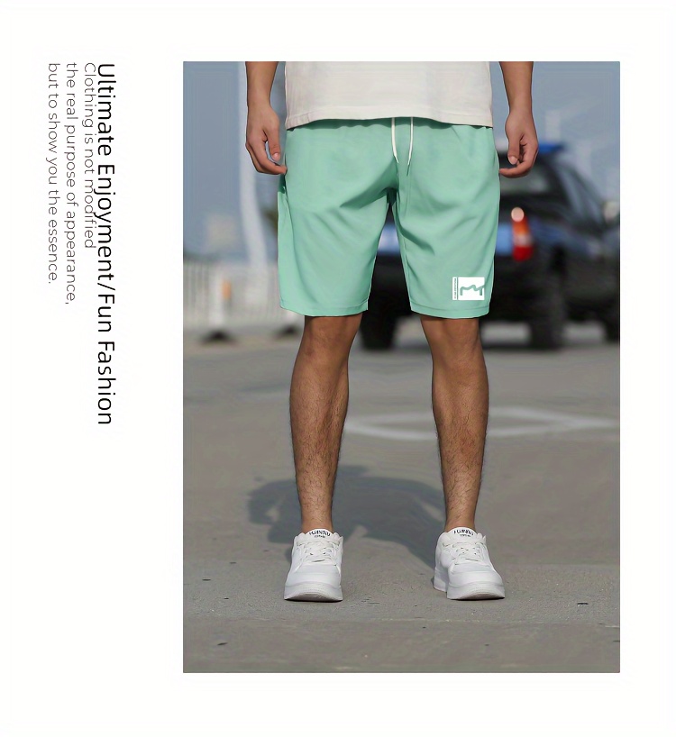 Men's Slim Fit Shorts With Pockets For Summer Outdoor, Casual Letter Print Slightly Stretch Drawstring Graphic Clothes