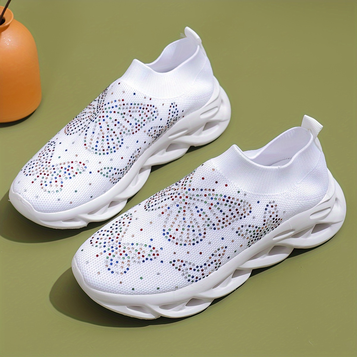 

Women's Rhinestone Butterfly Decor Sneakers, Trendy Low Top Slip On Knitted Trainers, Comfy Breathable Sports Shoes
